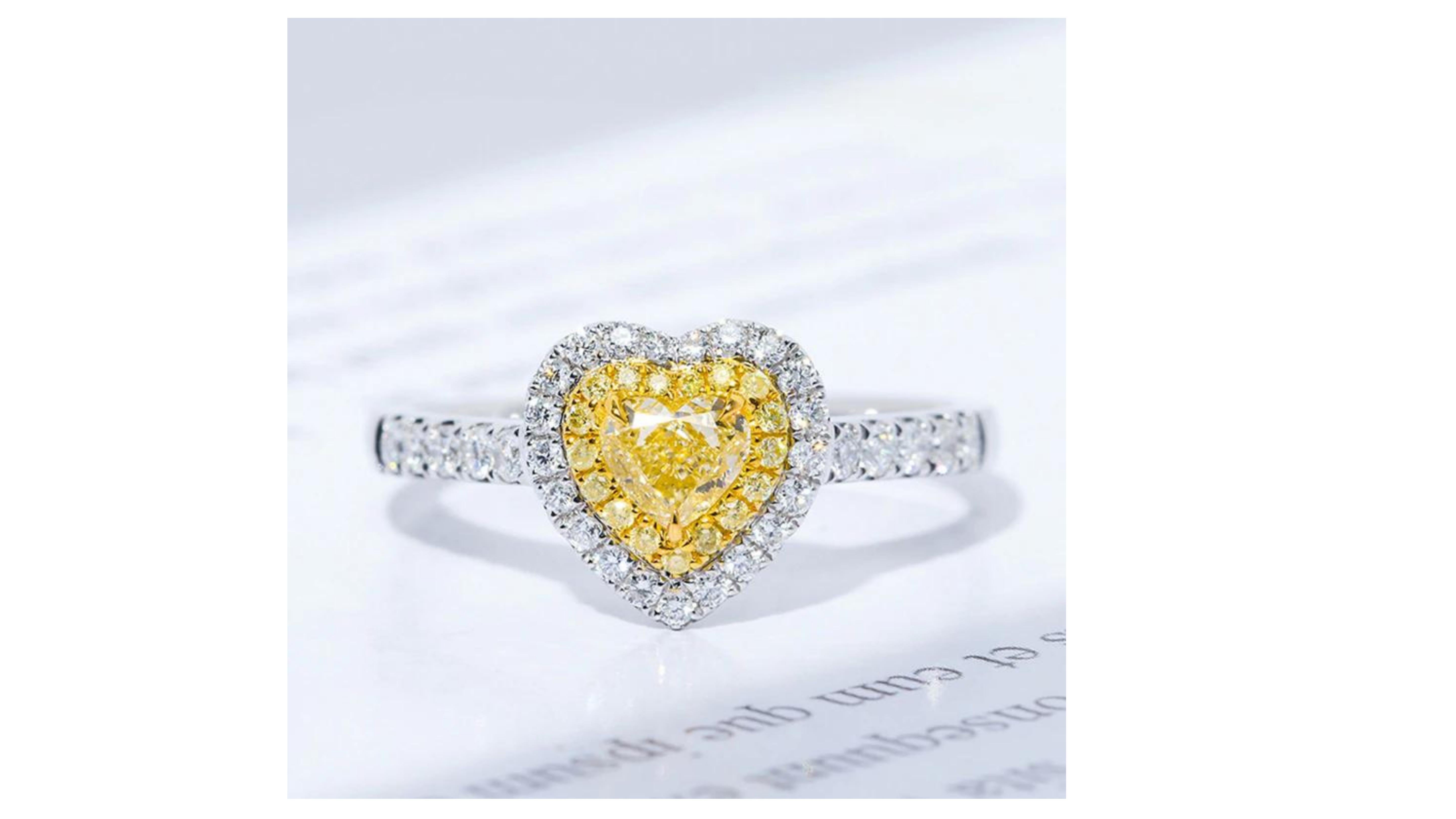 Cushion Cut Yellow Diamond Ring 18 Karat White Gold For Sale