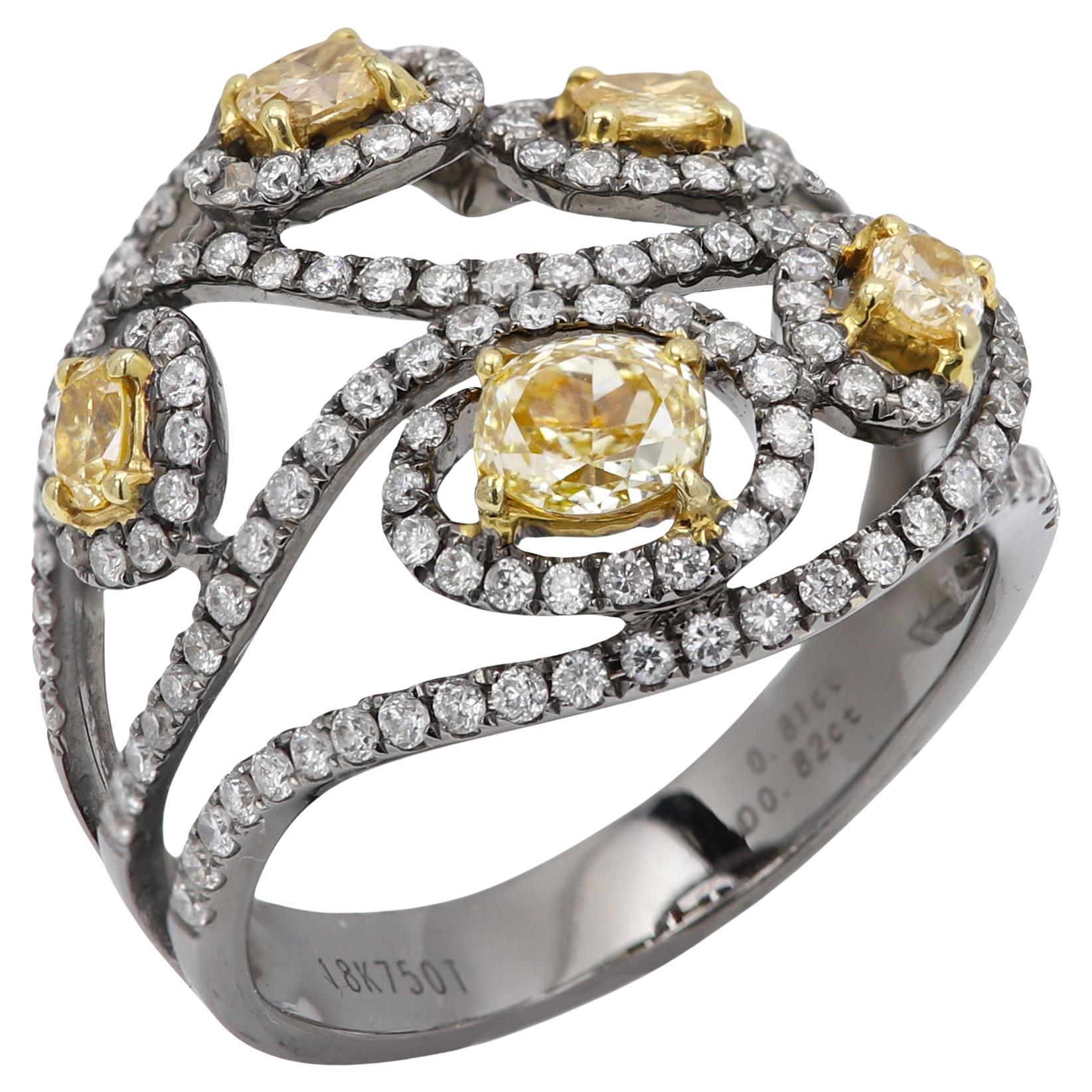Valentine Yellow Diamond Ring 18k White Gold Natural Stones Cluster Free Style For Sale