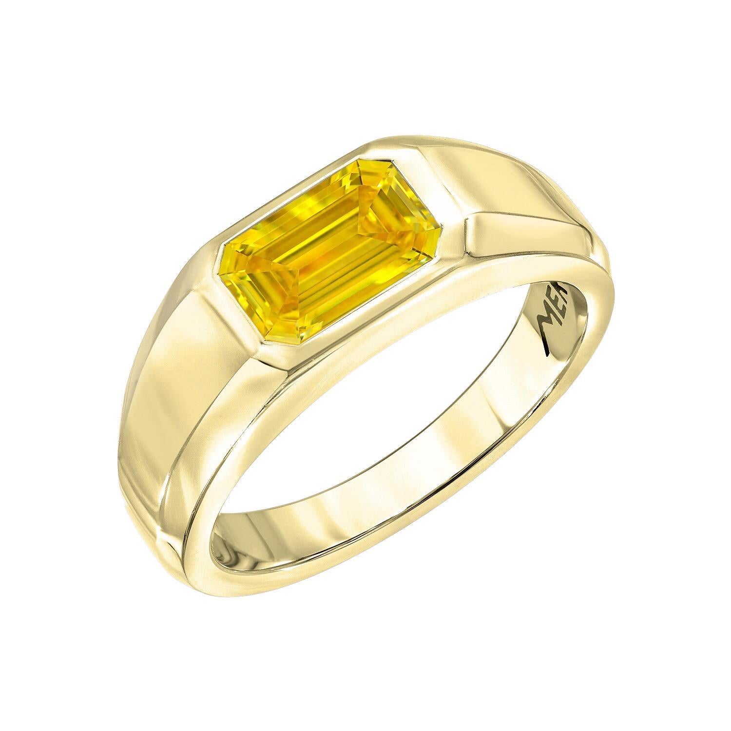 Emerald cut yellow diamond ring, featuring a GIA certified 1.04 carat Fancy Vivid Yellow, VS1 clarity, emerald cut diamond, set in a supreme hand crafted 18K yellow gold unisex ring.
The G.I.A certificate is attached to the images for your