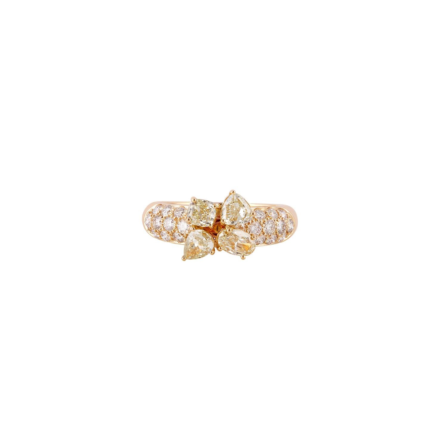 Its an exclusive yellow diamond ring studded in 18k yellow gold with 4 pieces multi shaped yellow diamonds weight 1.17 carat with 30 pieces round shaped brilliant cut diamonds weight 0.86 carat this entire ring studded in 18k yellow gold weight 4.31