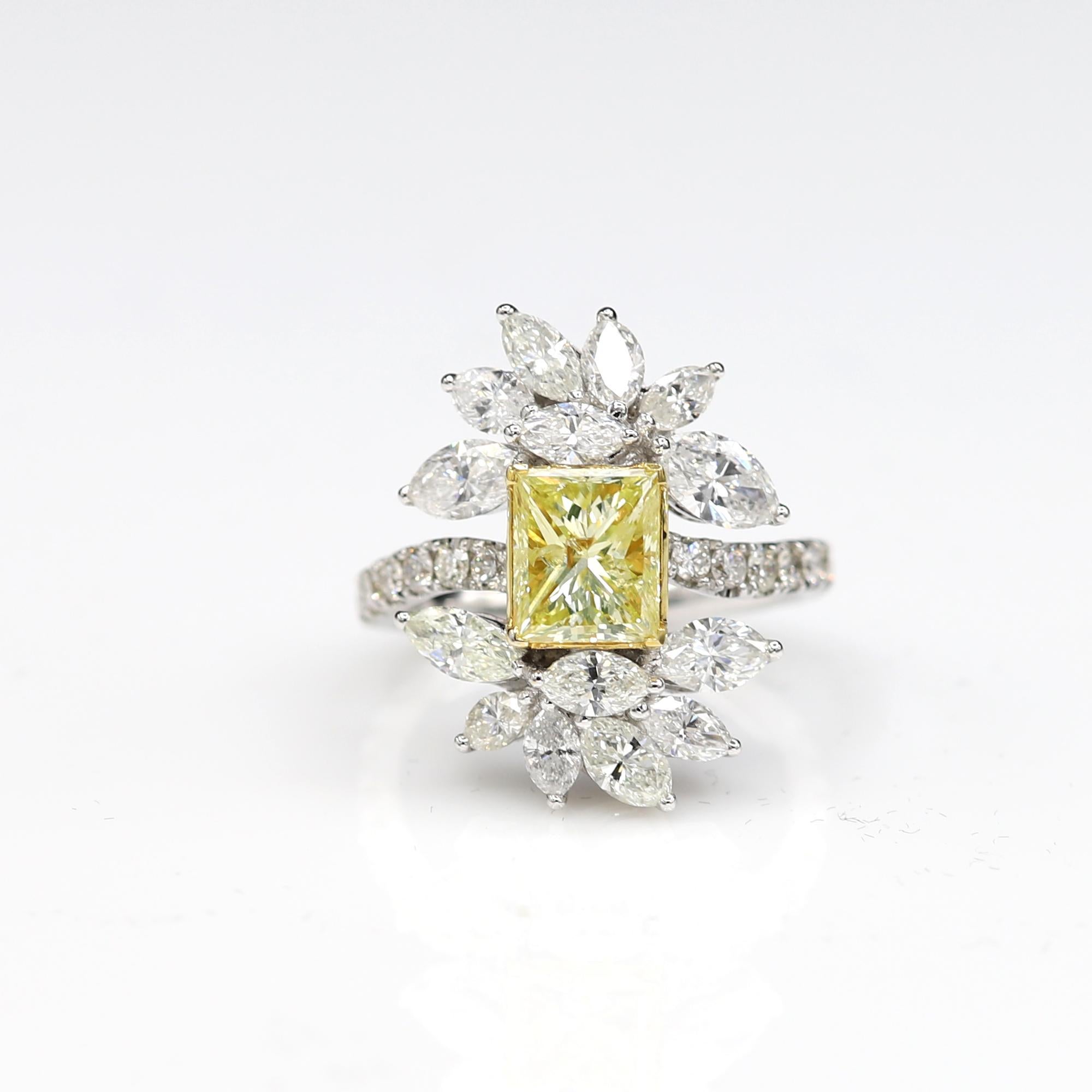 Marquise Cut Yellow Diamond Ring with Marquise Diamonds 18 Karat White Gold For Sale