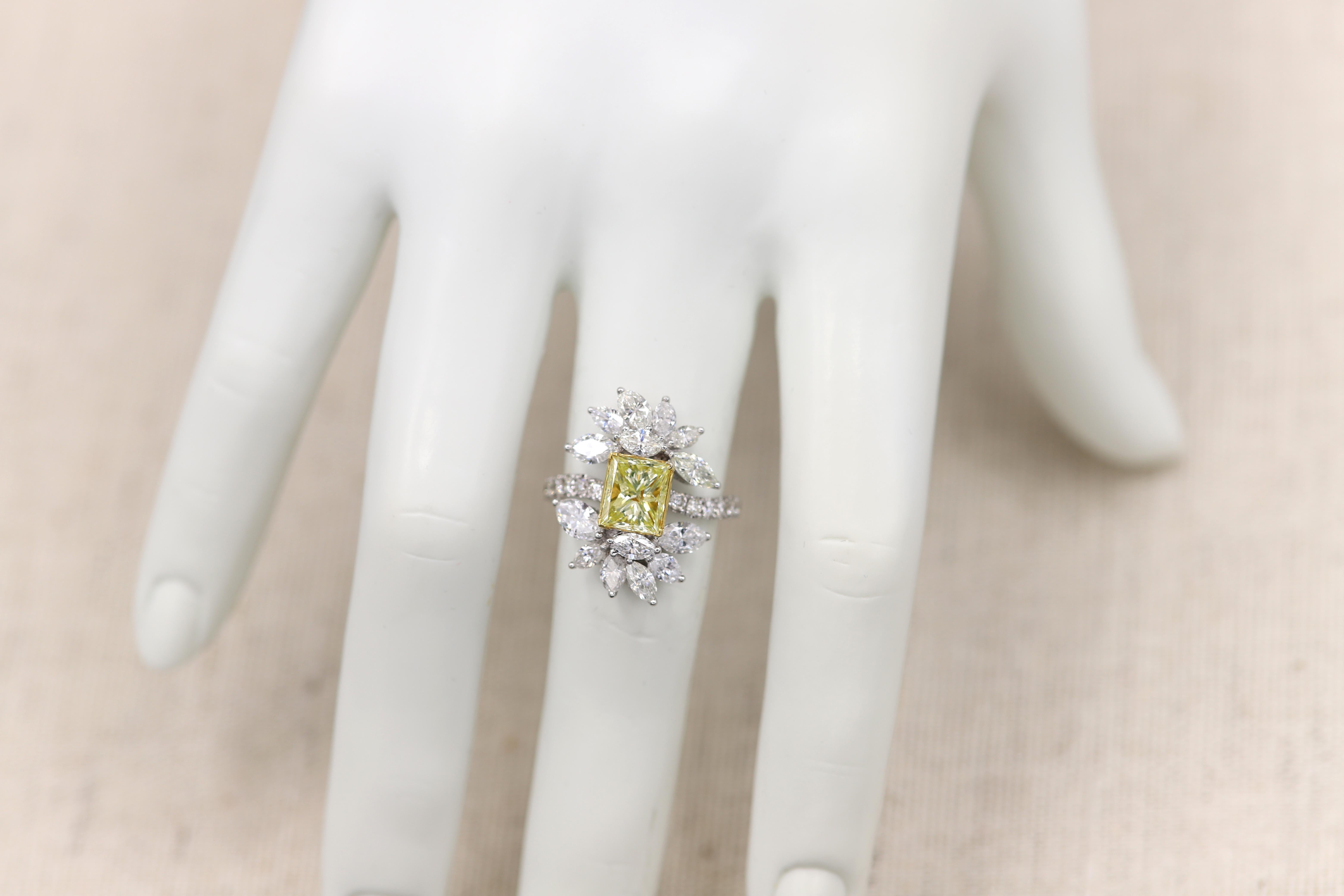 Women's Yellow Diamond Ring with Marquise Diamonds 18 Karat White Gold For Sale