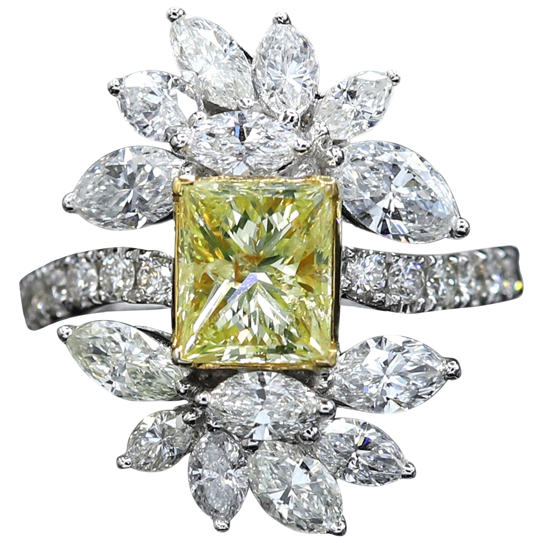Yellow Diamond Ring with Marquise Diamonds 18 Karat White Gold