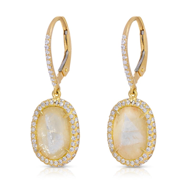 Yellow Diamond Slice Drop Earrings with Pave Diamonds in 18k Matte