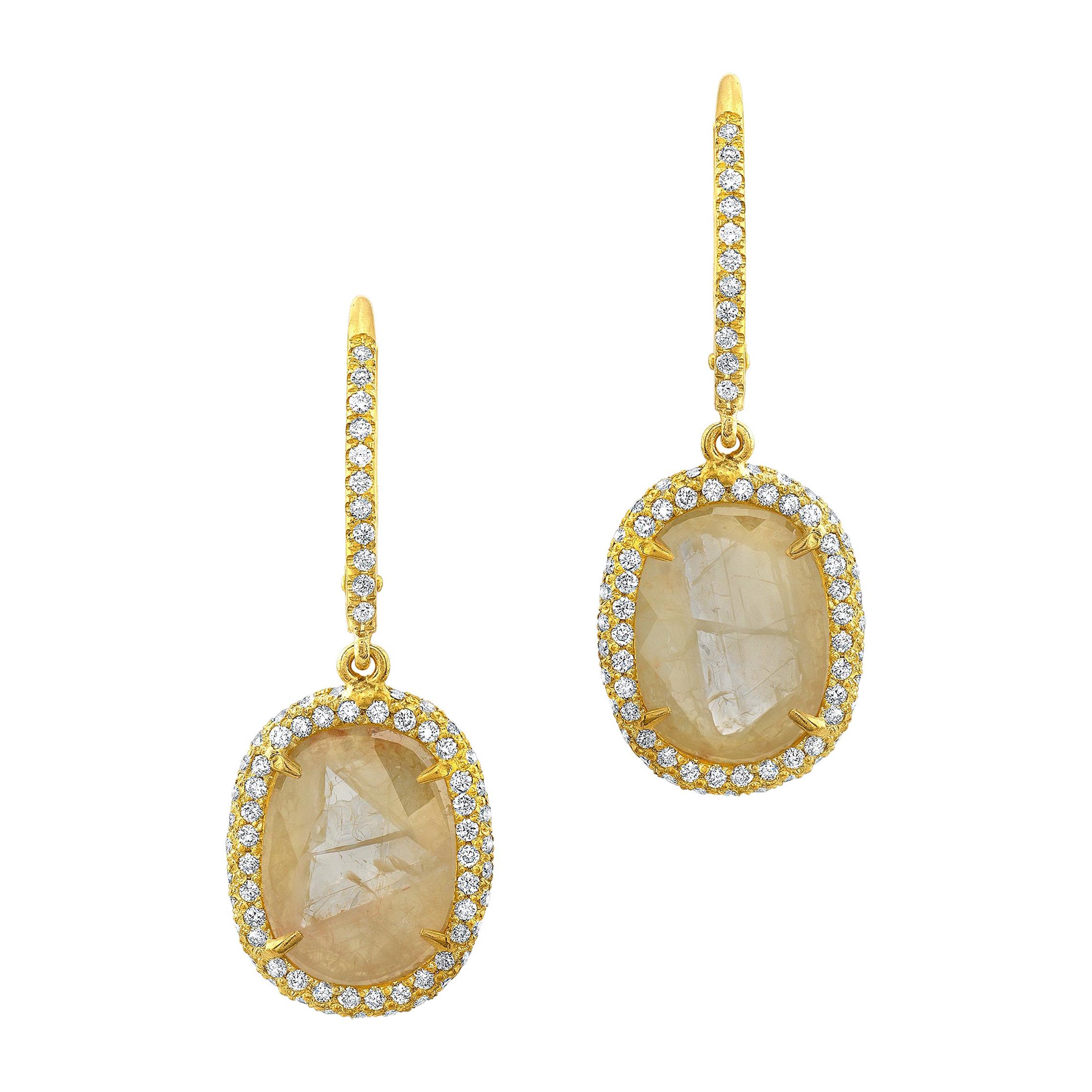 Yellow Diamond Slice Drop Earrings with Pave Diamonds in 18k Matte Yellow Gold For Sale