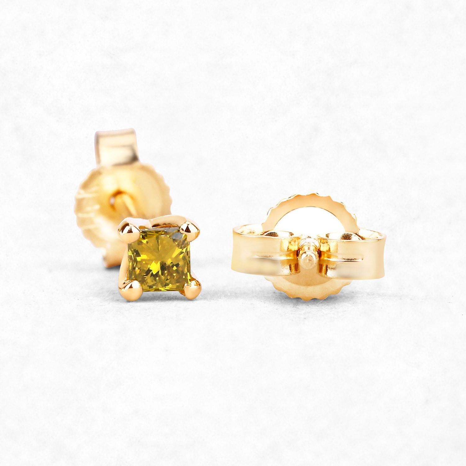 Radiant Cut Yellow Diamond Stud Earrings 0.25 Carats 14K Yellow Gold For Sale
