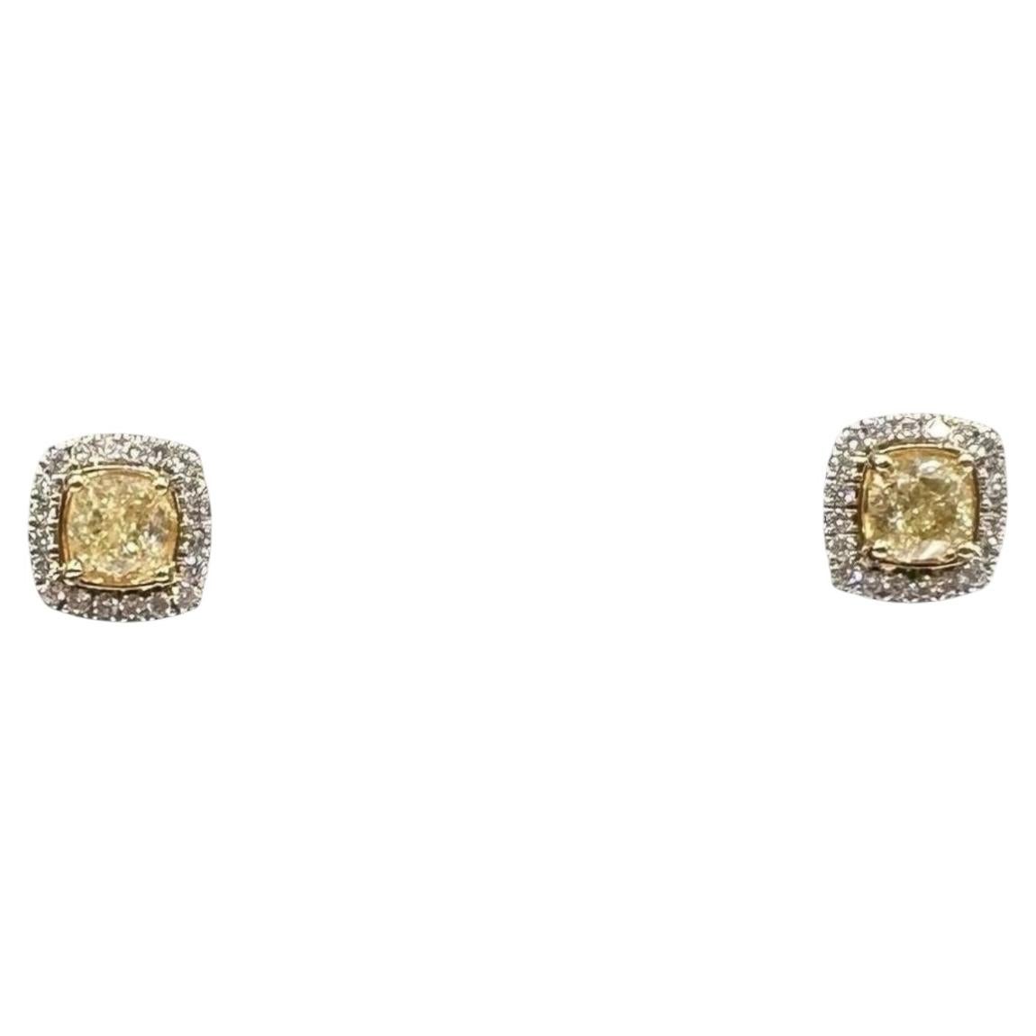 Yellow Diamond Stud Earrings 14K Two Tone Gold 0.98ctw Push Backs New For Sale
