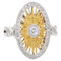 Vintage Yellow Diamond Sunburst Ring 18k White Gold Oval Fine Statement Estate Jewelry