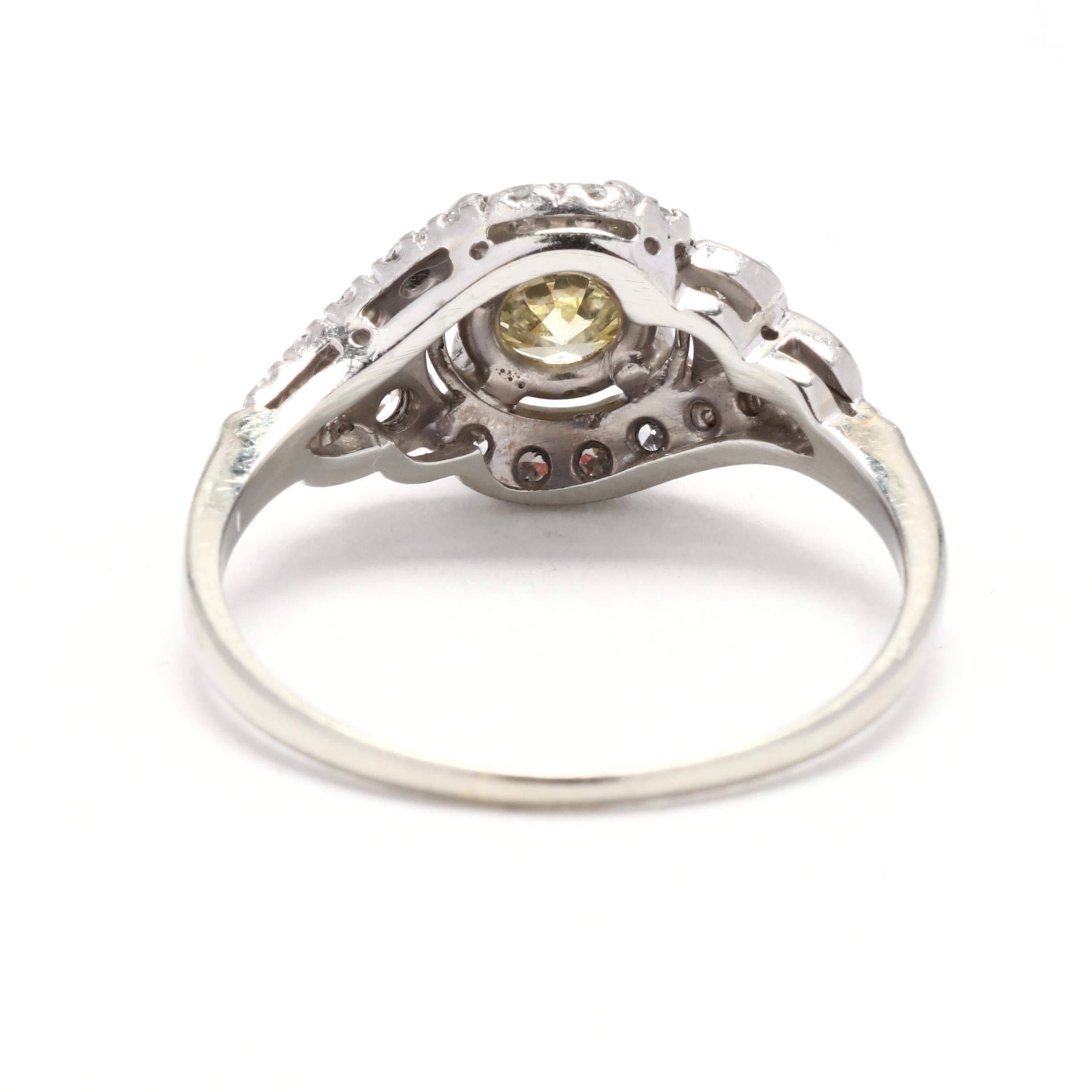 Brilliant Cut Yellow Diamond Swirl Engagement Ring, 18K White Gold, Ring Size 6.5 For Sale