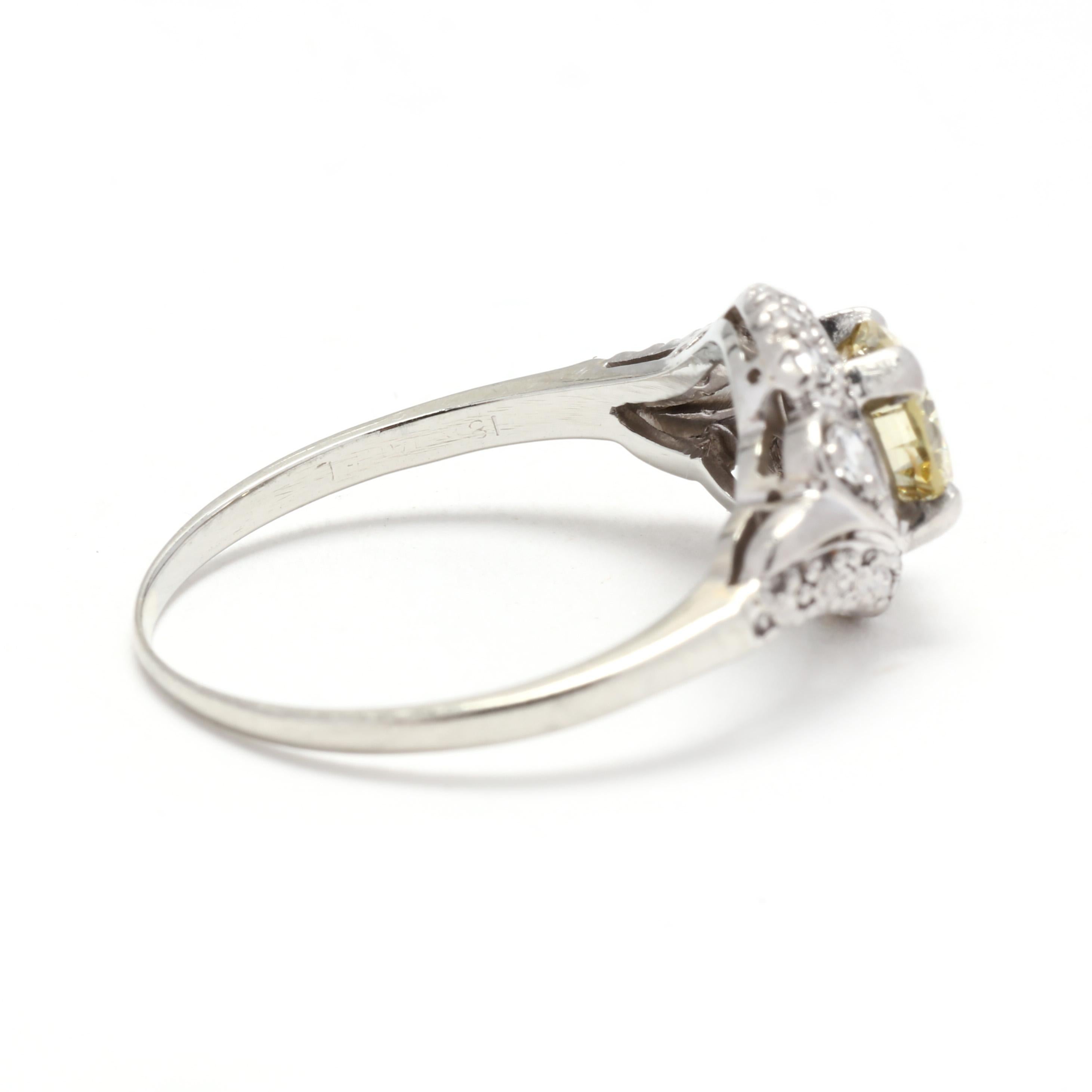 Women's or Men's Yellow Diamond Swirl Engagement Ring, 18K White Gold, Ring Size 6.5 For Sale