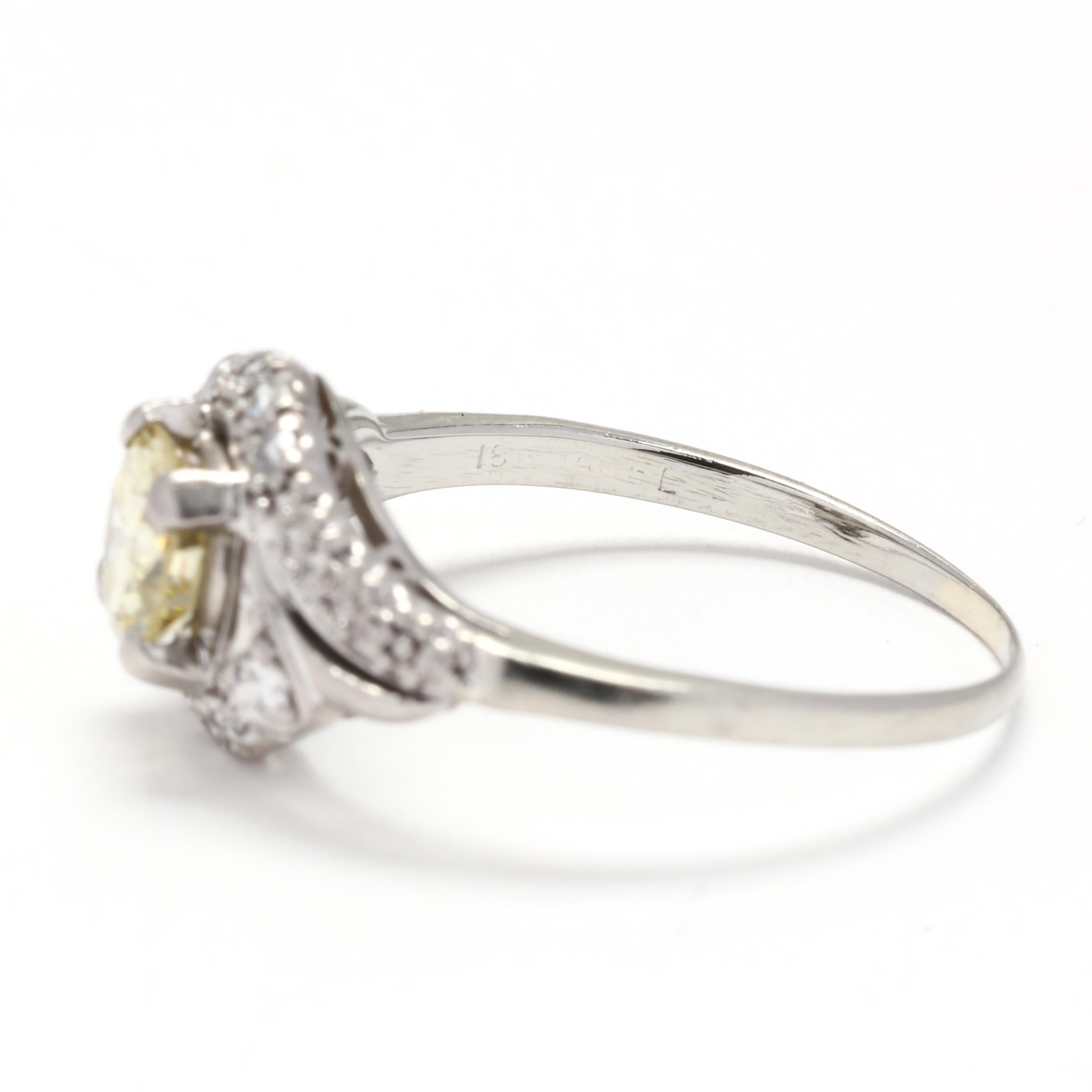 Yellow Diamond Swirl Engagement Ring, 18K White Gold, Ring Size 6.5 For Sale 1