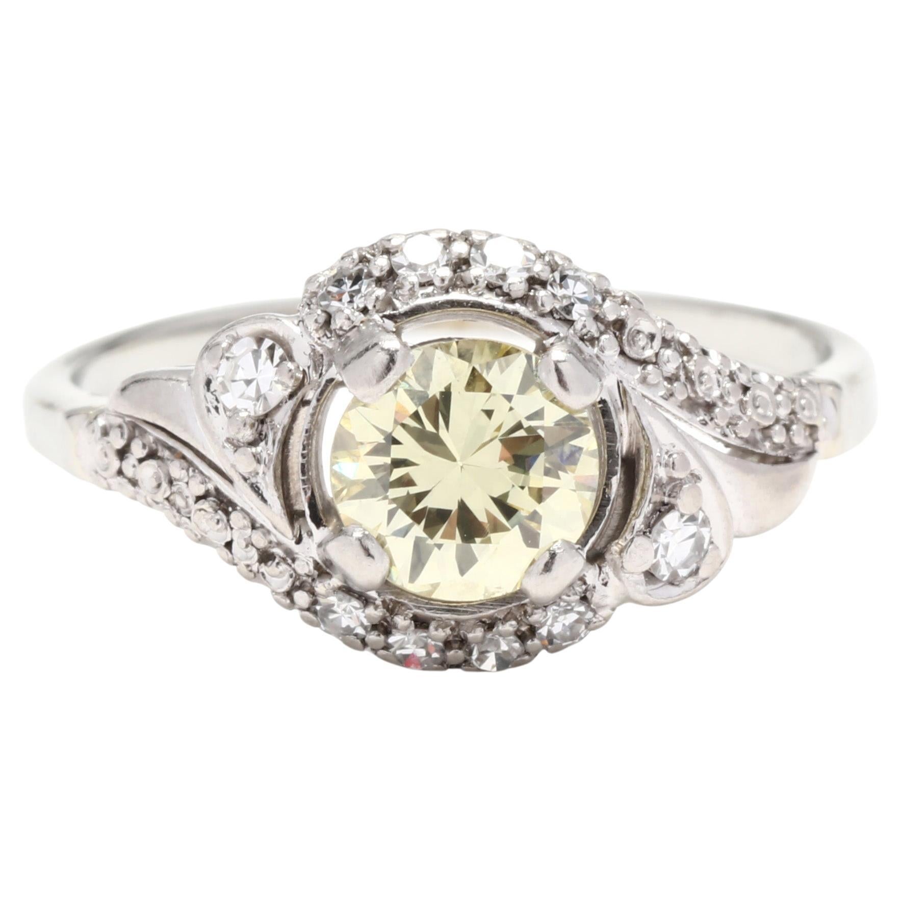 Yellow Diamond Swirl Engagement Ring, 18K White Gold, Ring Size 6.5