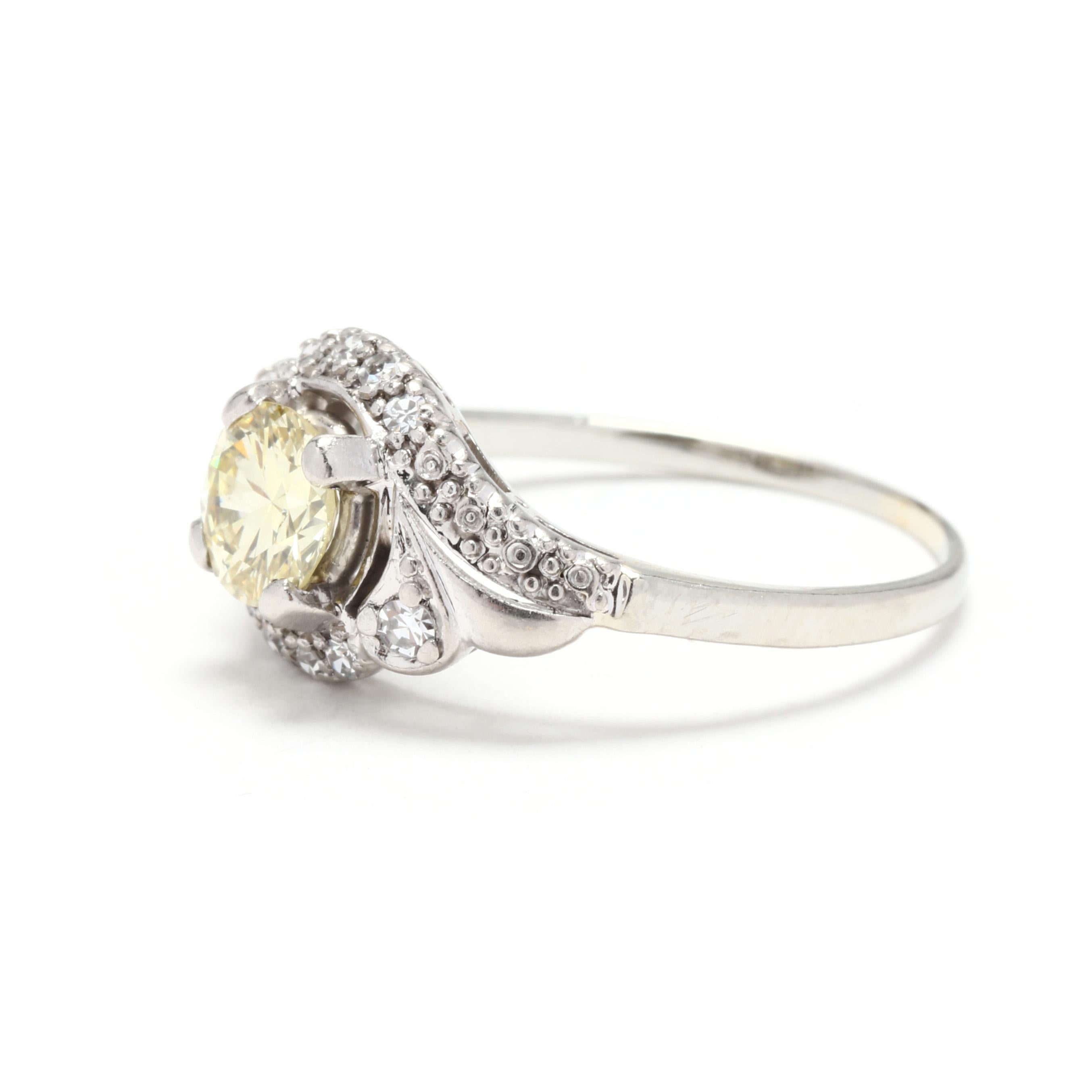 Yellow Diamond Swirl Engagement Ring, 18KT White Gold, Ring In Good Condition For Sale In McLeansville, NC