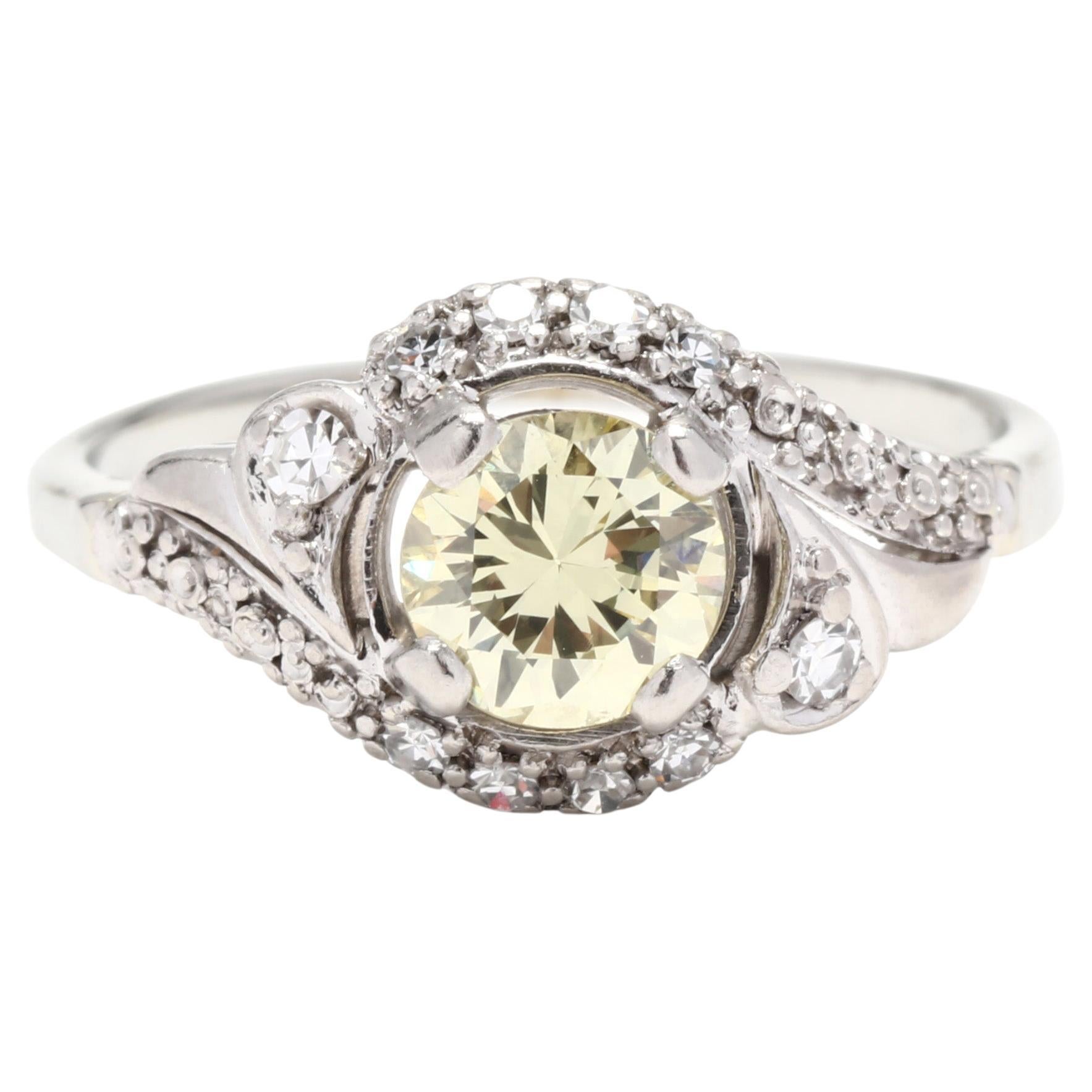 Yellow Diamond Swirl Engagement Ring, 18KT White Gold, Ring For Sale