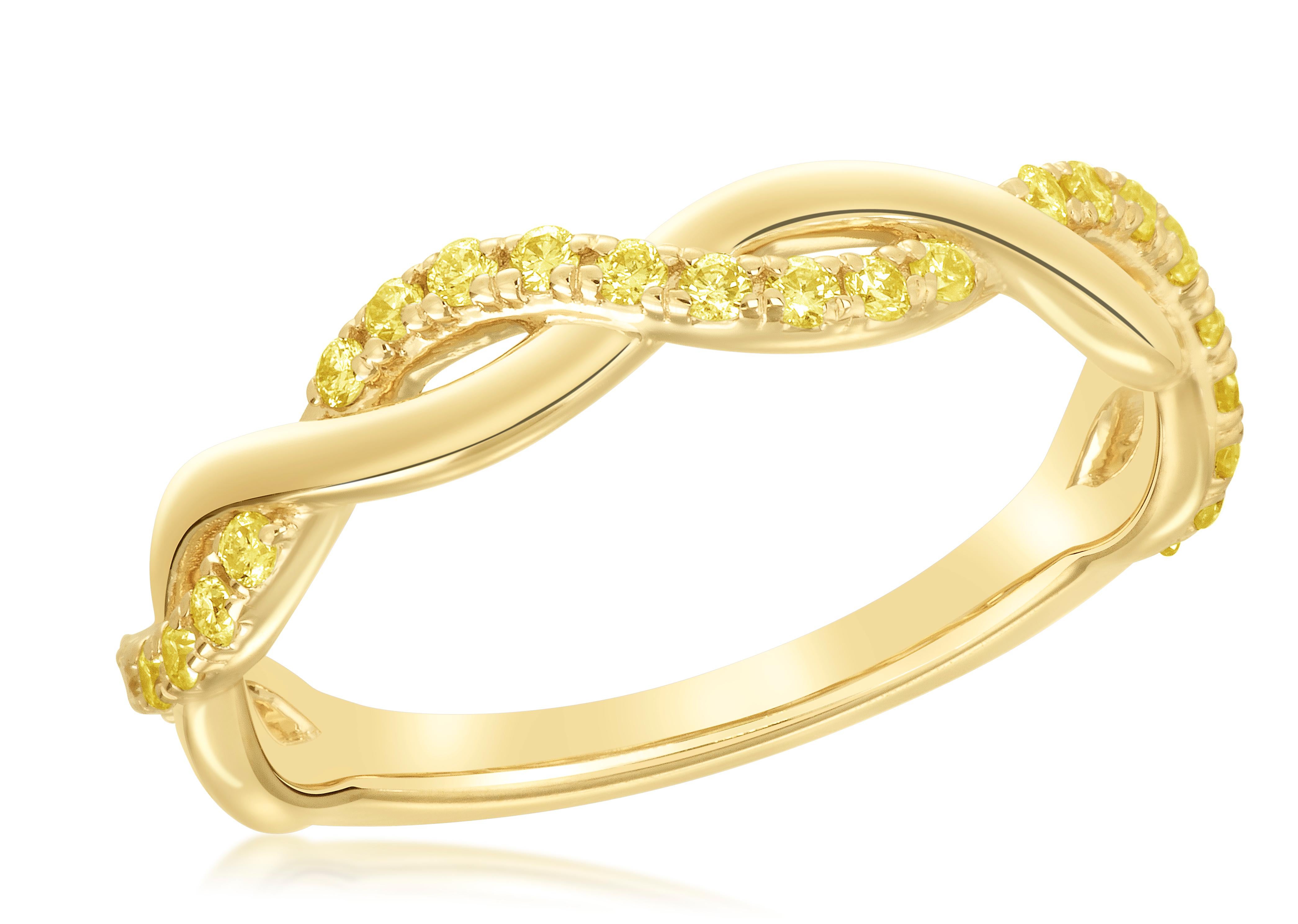 Enhance your finger with the radiant beauty of this stackable twist band featuring 27 natural yellow diamonds weighing a total of 0.27 carats. The vibrant yellow diamonds are carefully set in a captivating twist design, creating a unique and