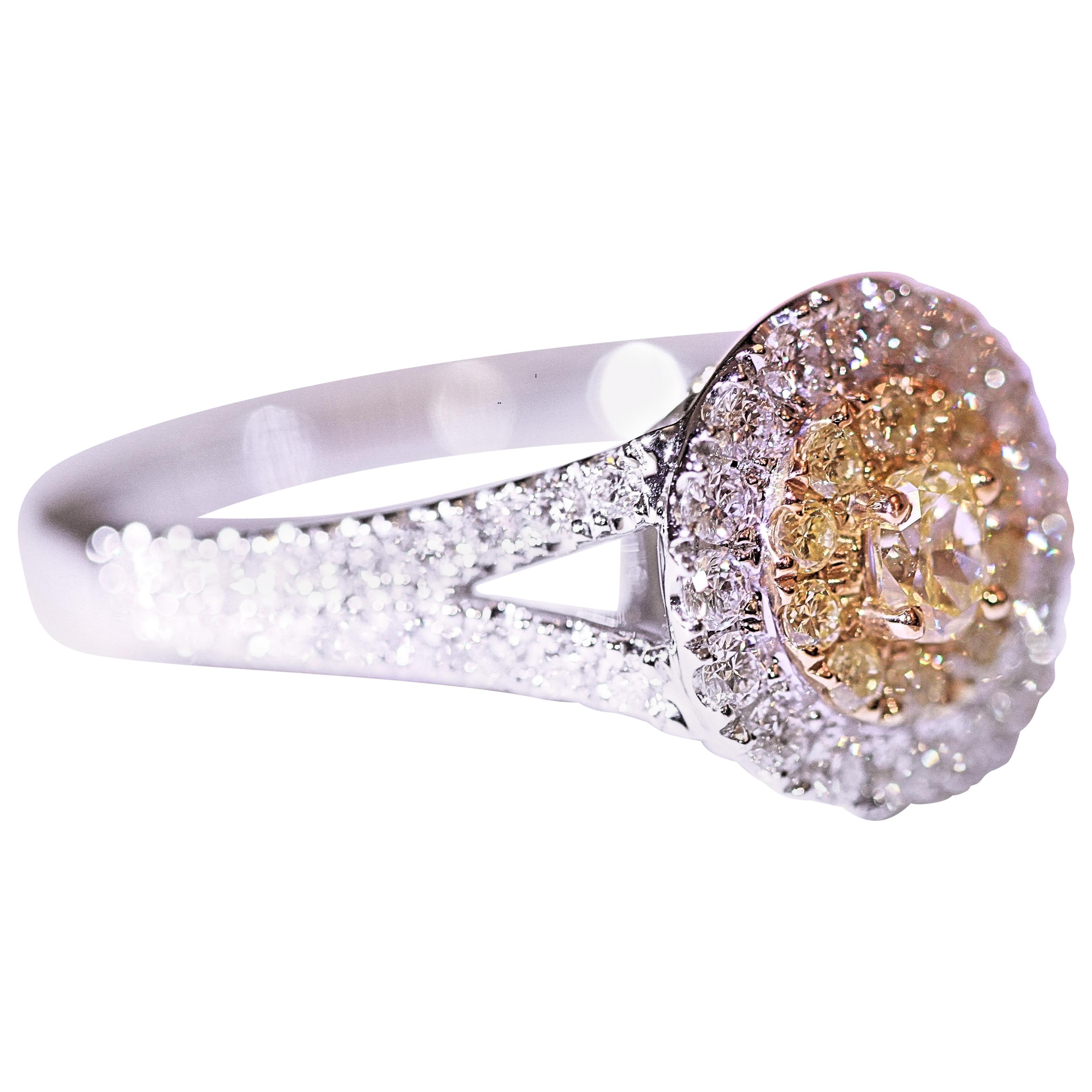 Yellow Diamond White Diamond Engagement Ring Right Hand Ring 18 Karat Two-Tone For Sale