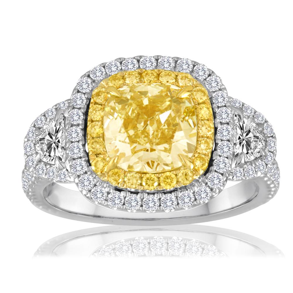EGL USA Certified Gorgeous Natural Fancy Light Yellow Cushion VS2 Clarity 2.01 Carat Flanked with 2 White G-H Color VS Clarity Half Moon Diamonds 0.21 Carat Encircled in a Double Halo White G-H Color VS-SI Clarity Round 1.50 Carat and Natural Fancy
