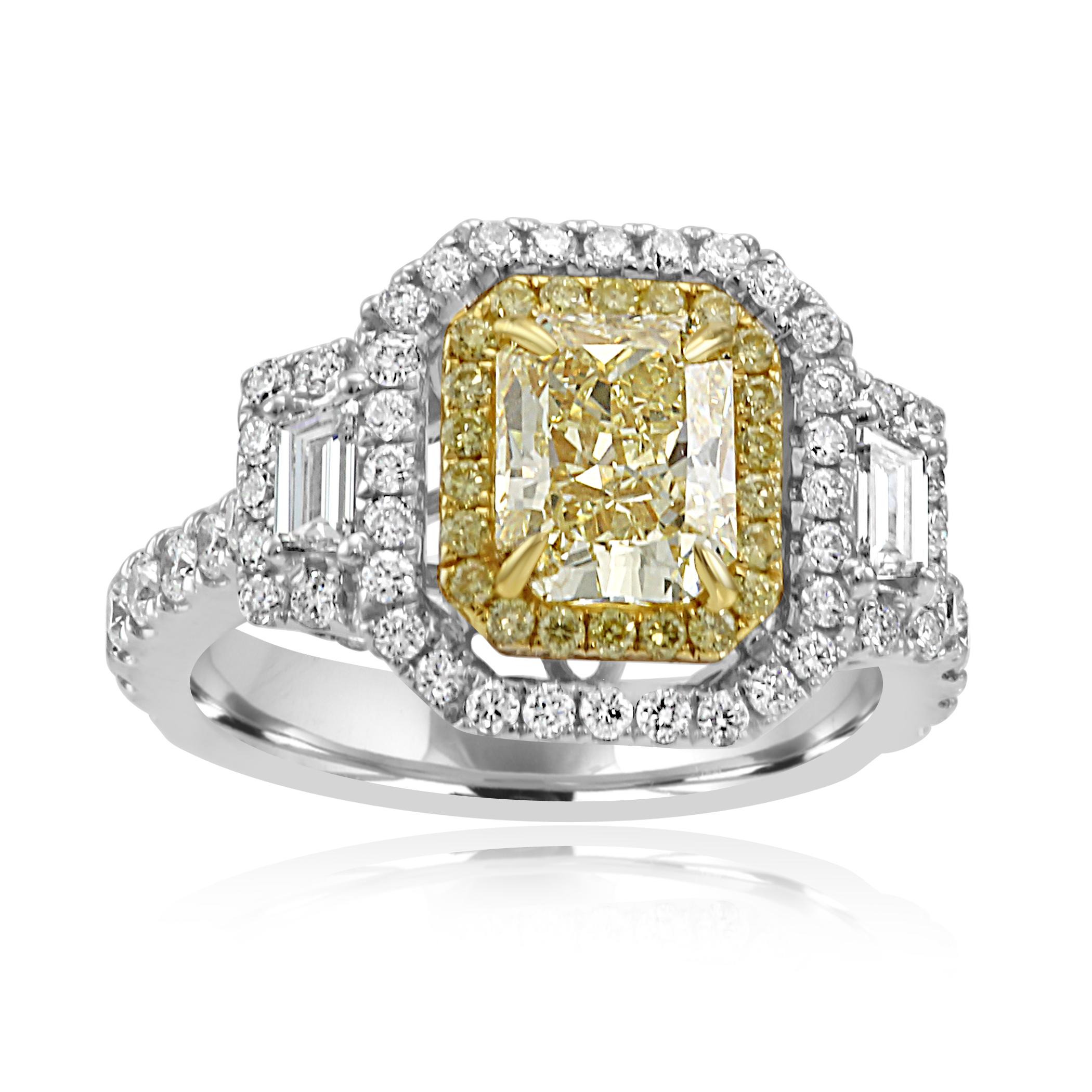 EGL USA Certified Gorgeous Natural Fancy Light Yellow Radiant VS1 Clarity 1.41 Carat Flanked with 2 White G-H Color VS Clarity Trapezoid Diamonds 0.23 Carat Encircled in a Double Halo White G-H Color VS-SI Clarity Round 0.90 Carat and Natural Fancy
