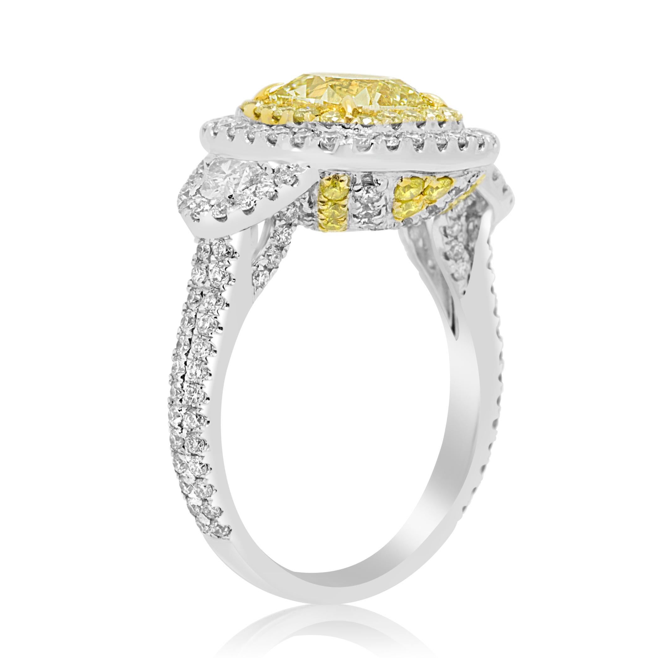 Contemporary Yellow Diamond White Diamond Halo Three-Stone Bridal Fashion Two-Color Gold Ring