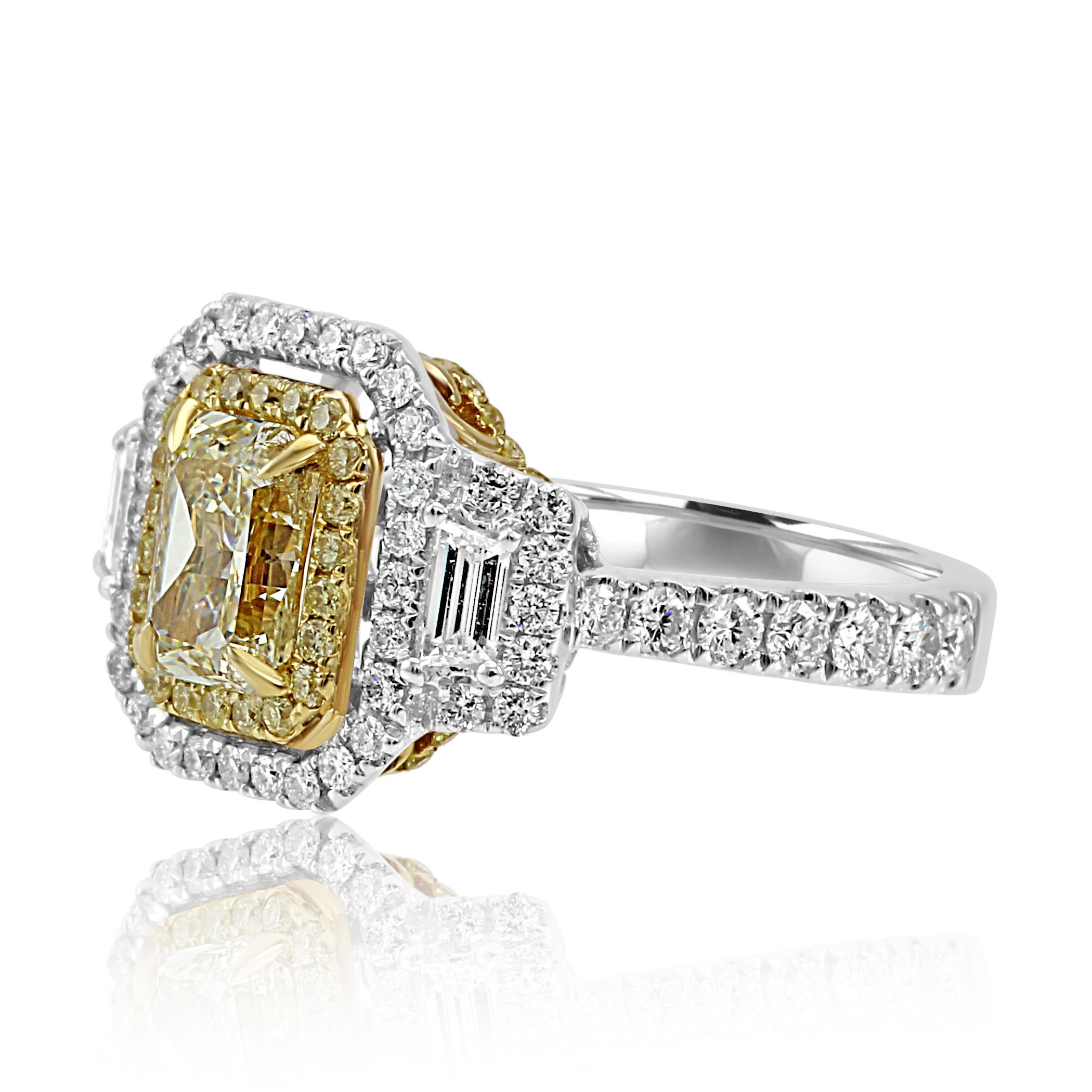 Contemporary Yellow Diamond White Diamond Halo Three-Stone Bridal Fashion Two Color Gold Ring