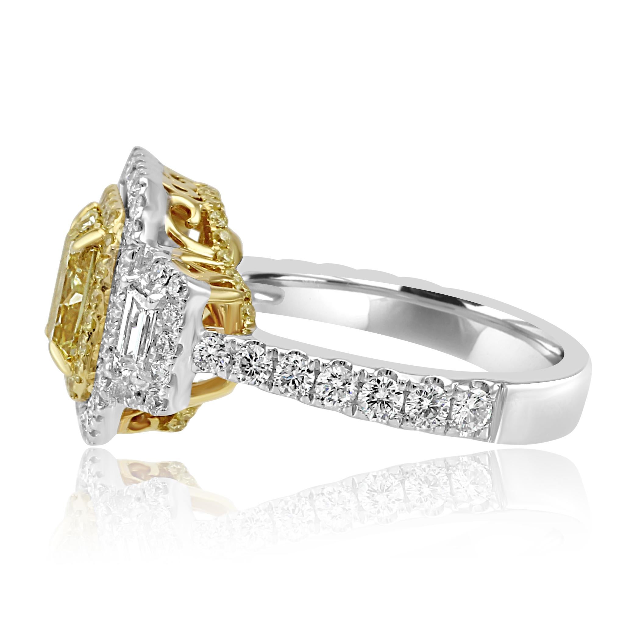 Radiant Cut Yellow Diamond White Diamond Halo Three-Stone Bridal Fashion Two Color Gold Ring