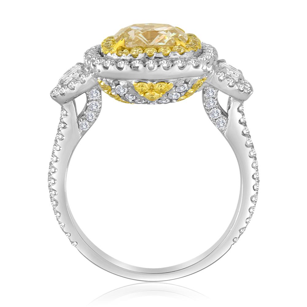 Yellow Diamond White Diamond Halo Three-Stone Bridal Fashion Two-Color Gold Ring In New Condition In NEW YORK, NY