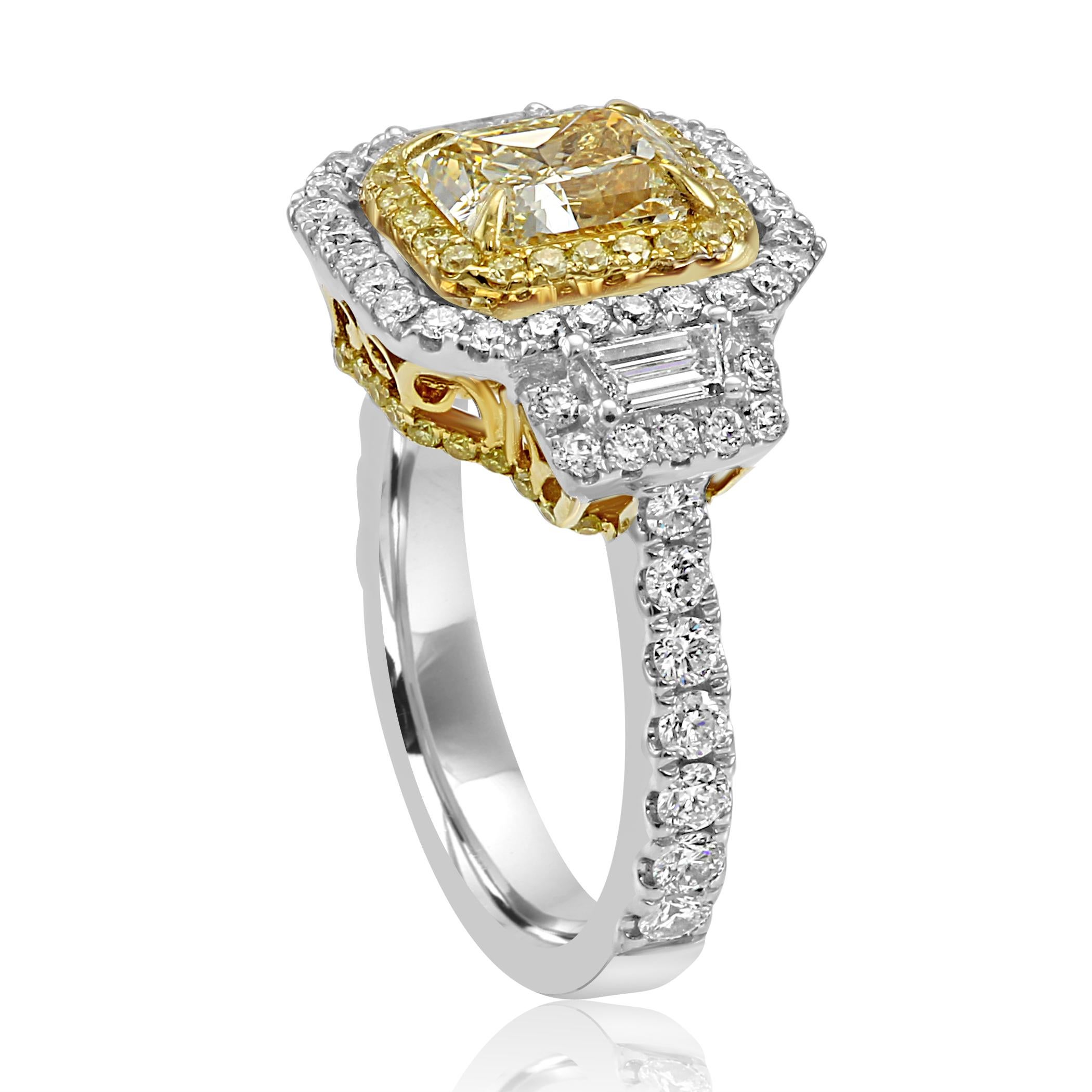 Yellow Diamond White Diamond Halo Three-Stone Bridal Fashion Two Color Gold Ring In New Condition In NEW YORK, NY