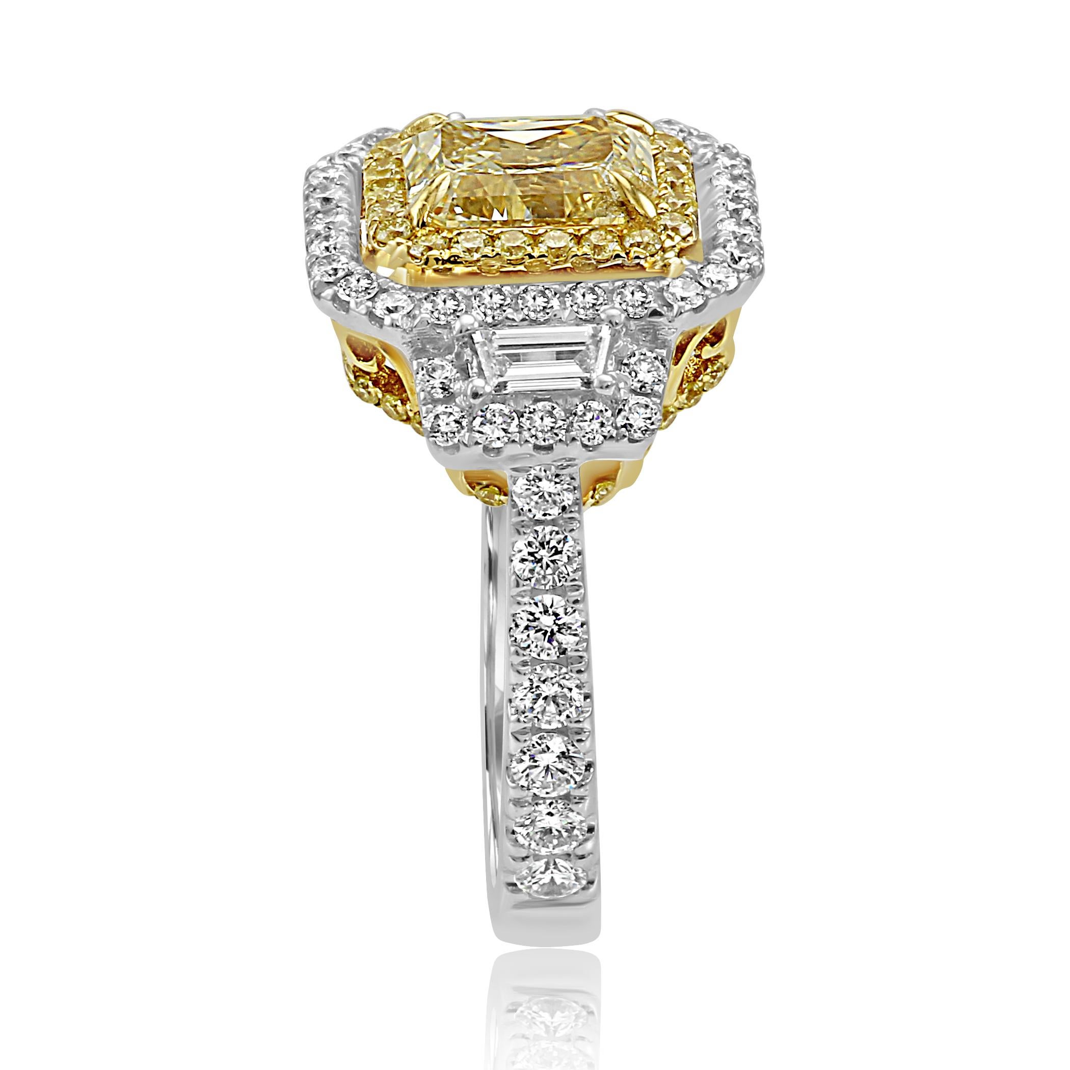 Women's or Men's Yellow Diamond White Diamond Halo Three-Stone Bridal Fashion Two Color Gold Ring