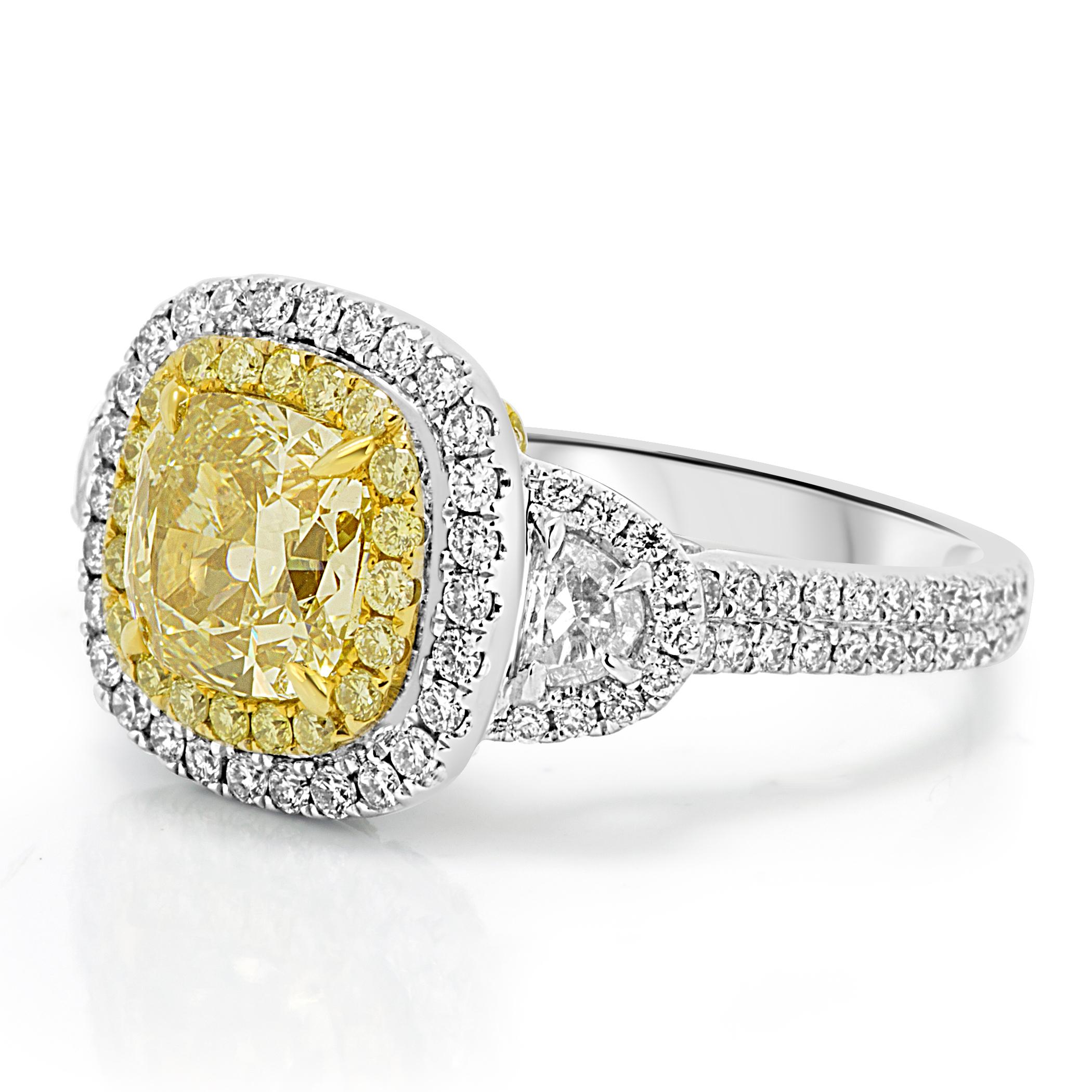 Yellow Diamond White Diamond Halo Three-Stone Bridal Fashion Two-Color Gold Ring 1