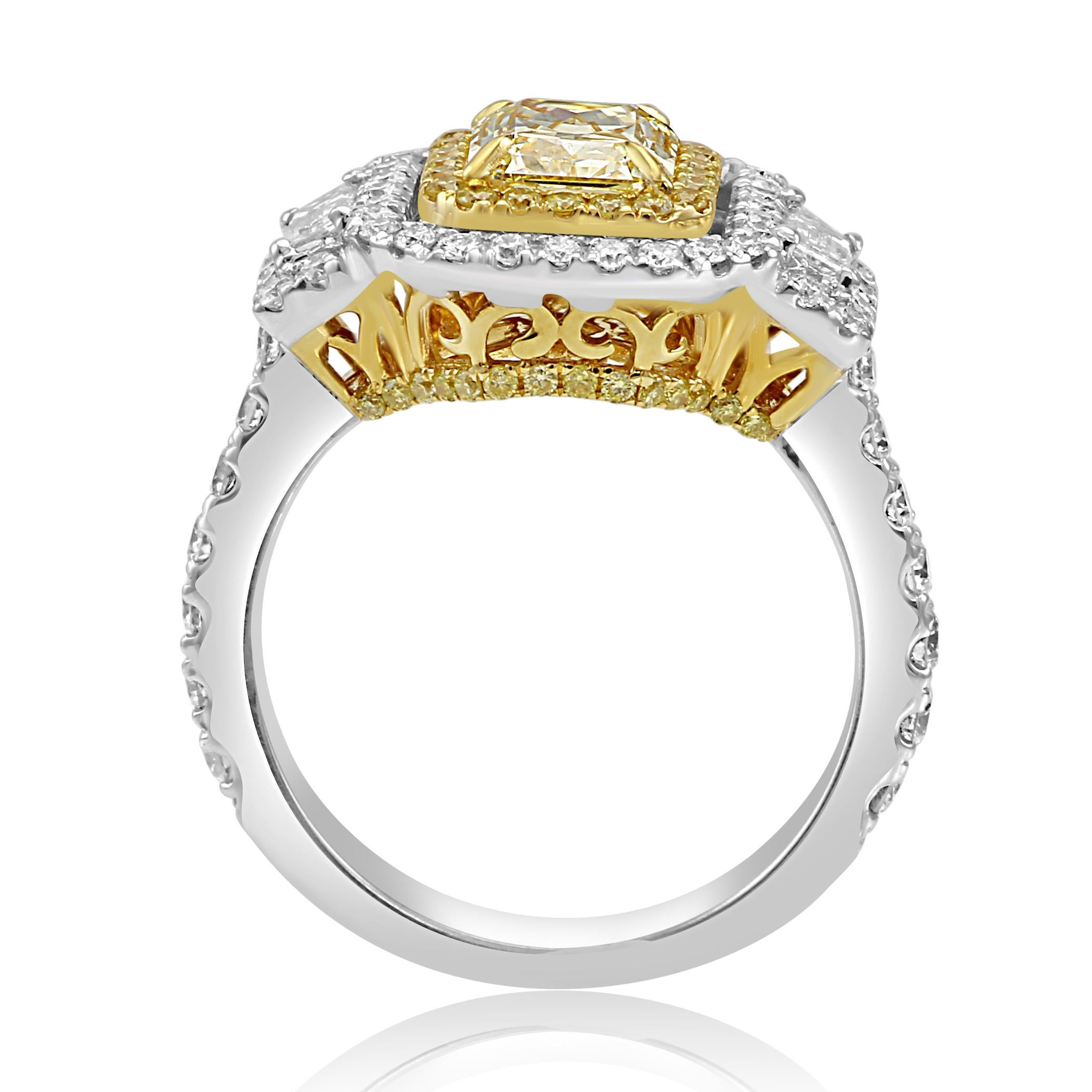Yellow Diamond White Diamond Halo Three-Stone Bridal Fashion Two Color Gold Ring 1