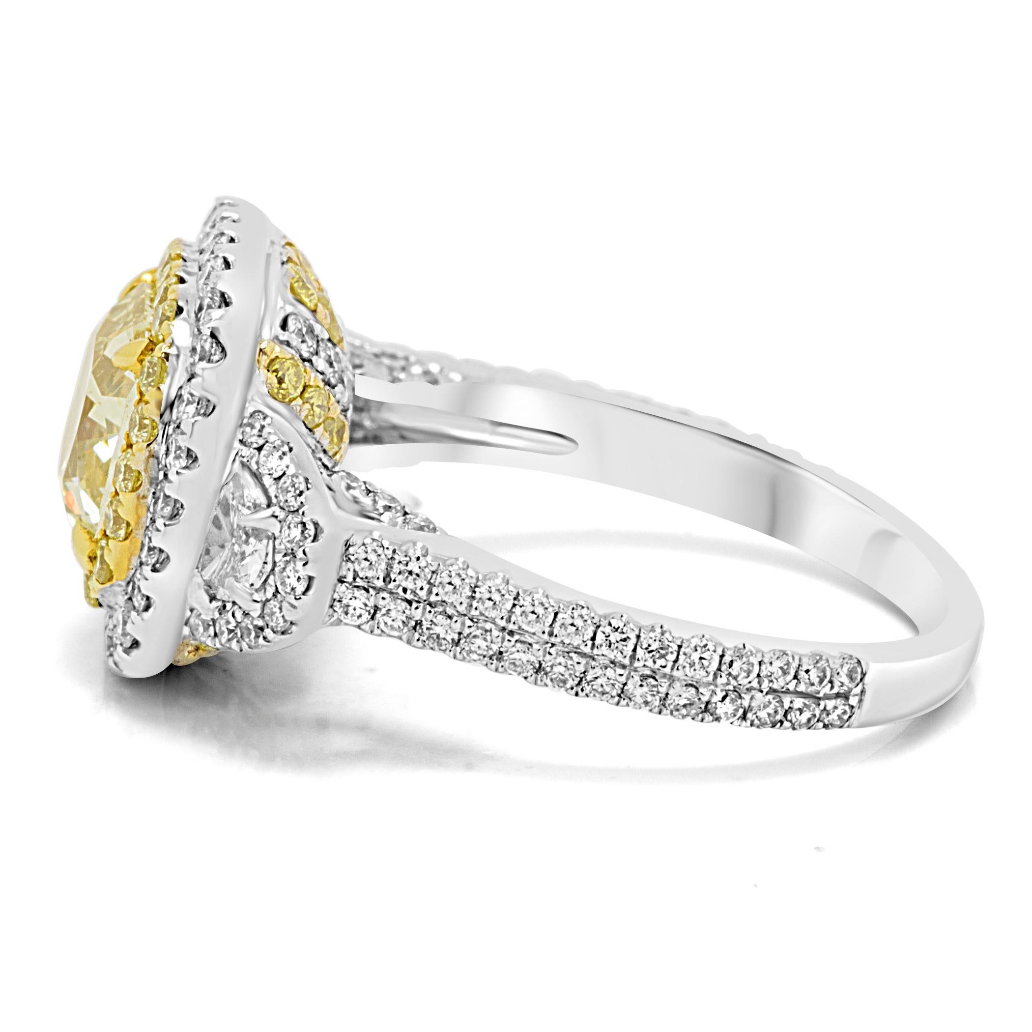 Yellow Diamond White Diamond Halo Three-Stone Bridal Fashion Two-Color Gold Ring 2