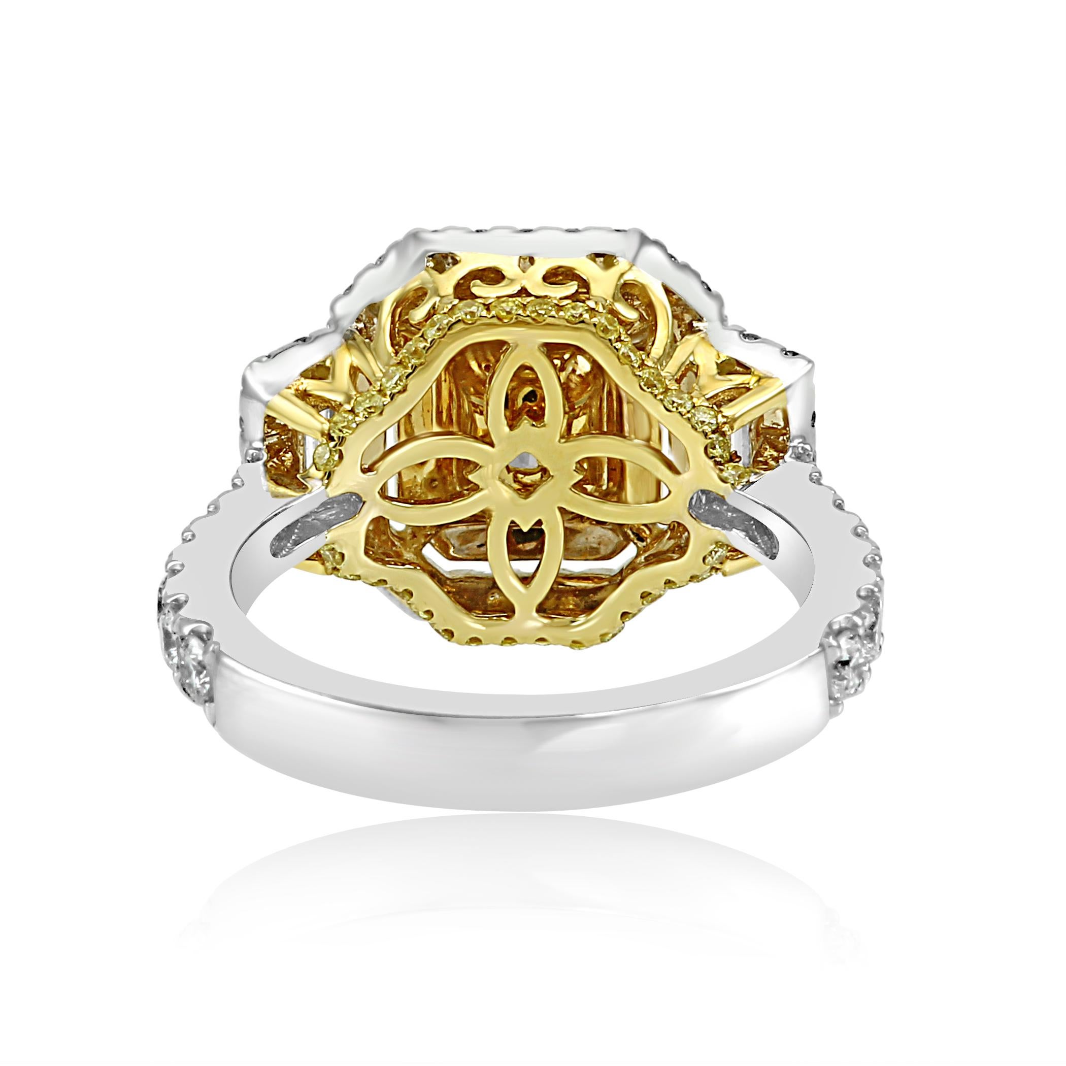 Yellow Diamond White Diamond Halo Three-Stone Bridal Fashion Two Color Gold Ring 2