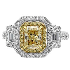 Yellow Diamond White Diamond Halo Three-Stone Bridal Fashion Two Color Gold Ring