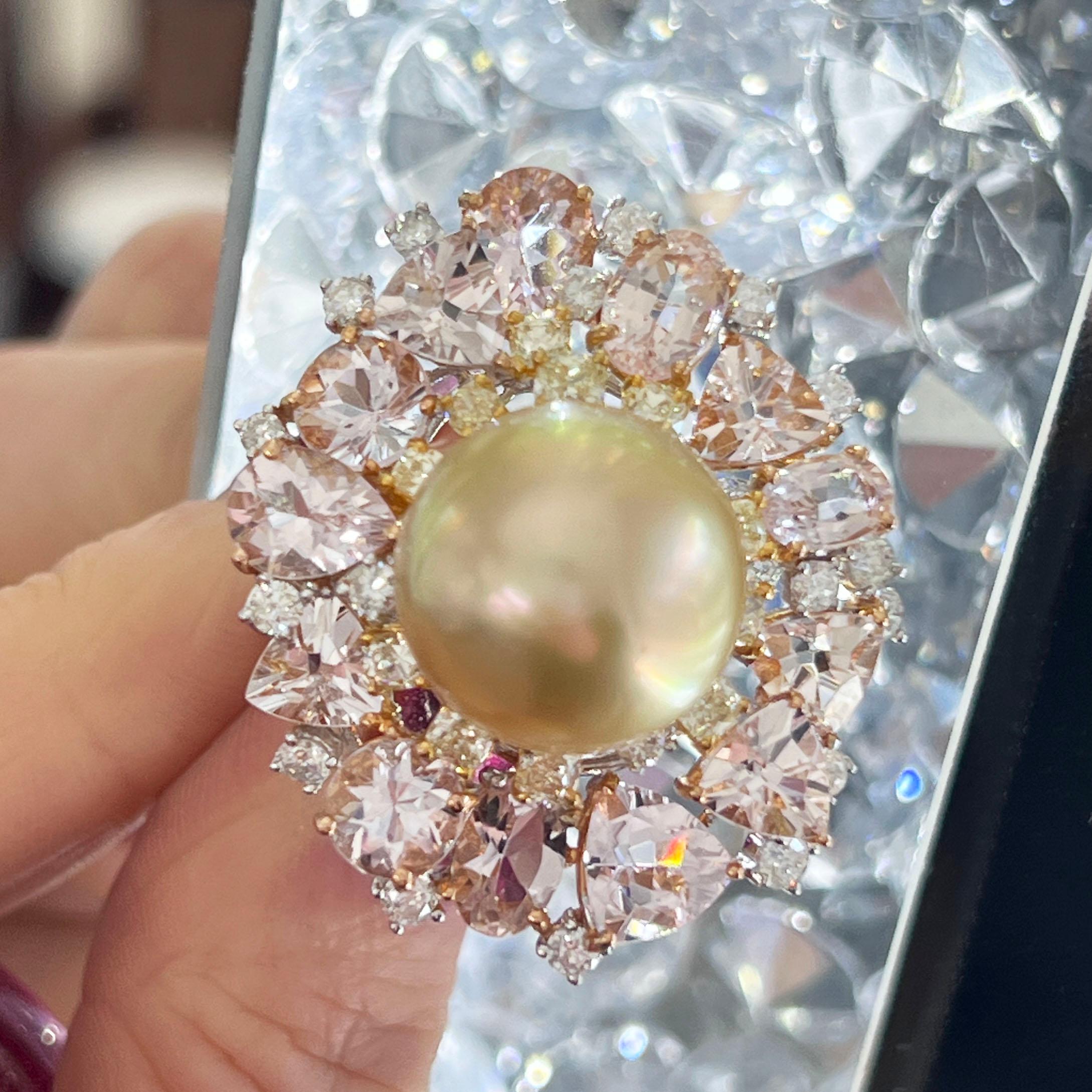 Contemporary Yellow Diamond White Diamond Morganite Pearl Cocktail Ring For Sale