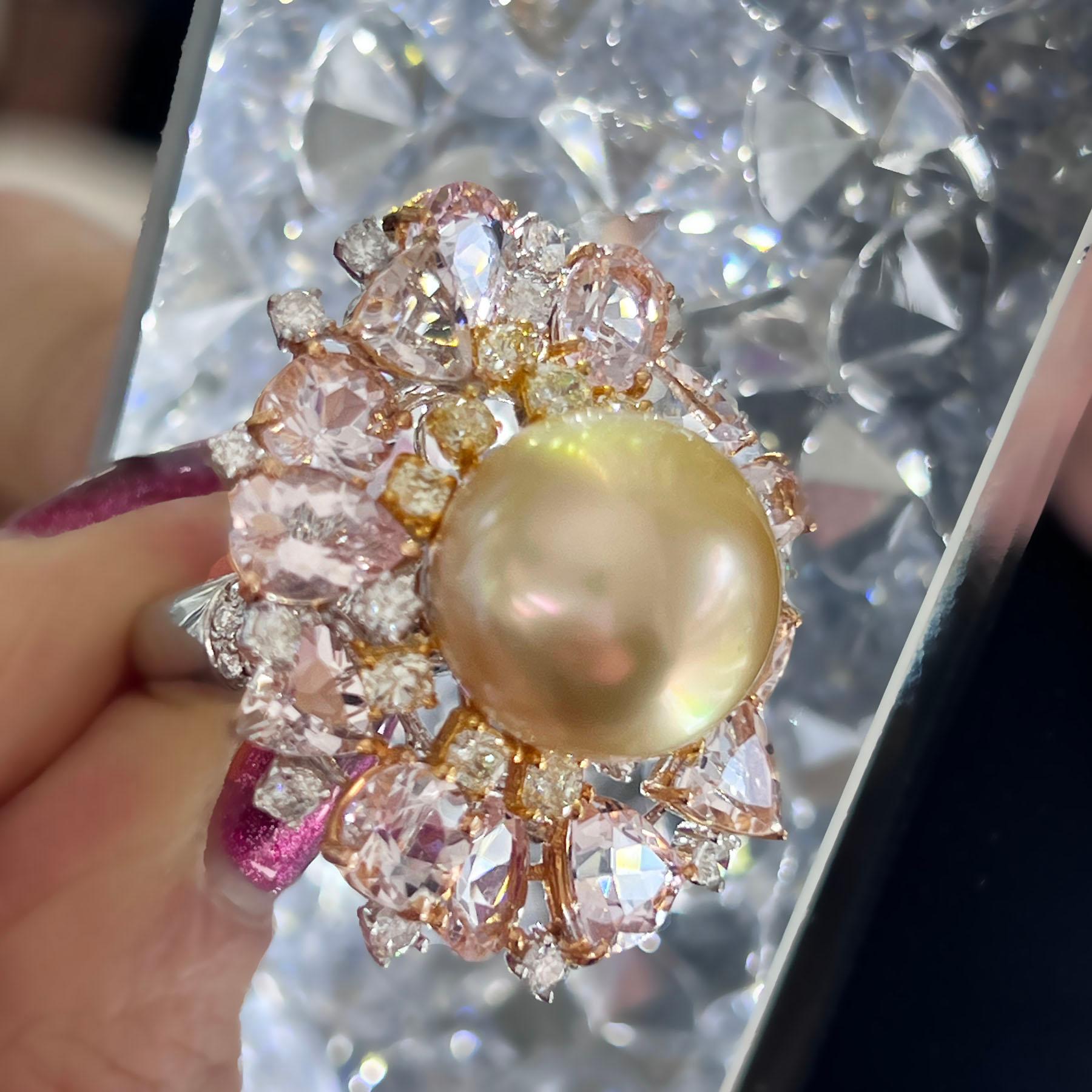 Mixed Cut Yellow Diamond White Diamond Morganite Pearl Cocktail Ring For Sale