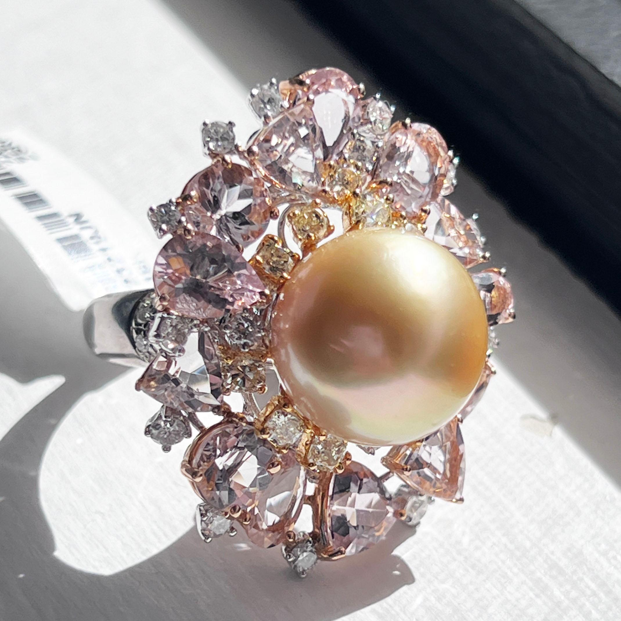 Yellow Diamond White Diamond Morganite Pearl Cocktail Ring In New Condition For Sale In Beverly Hills, CA