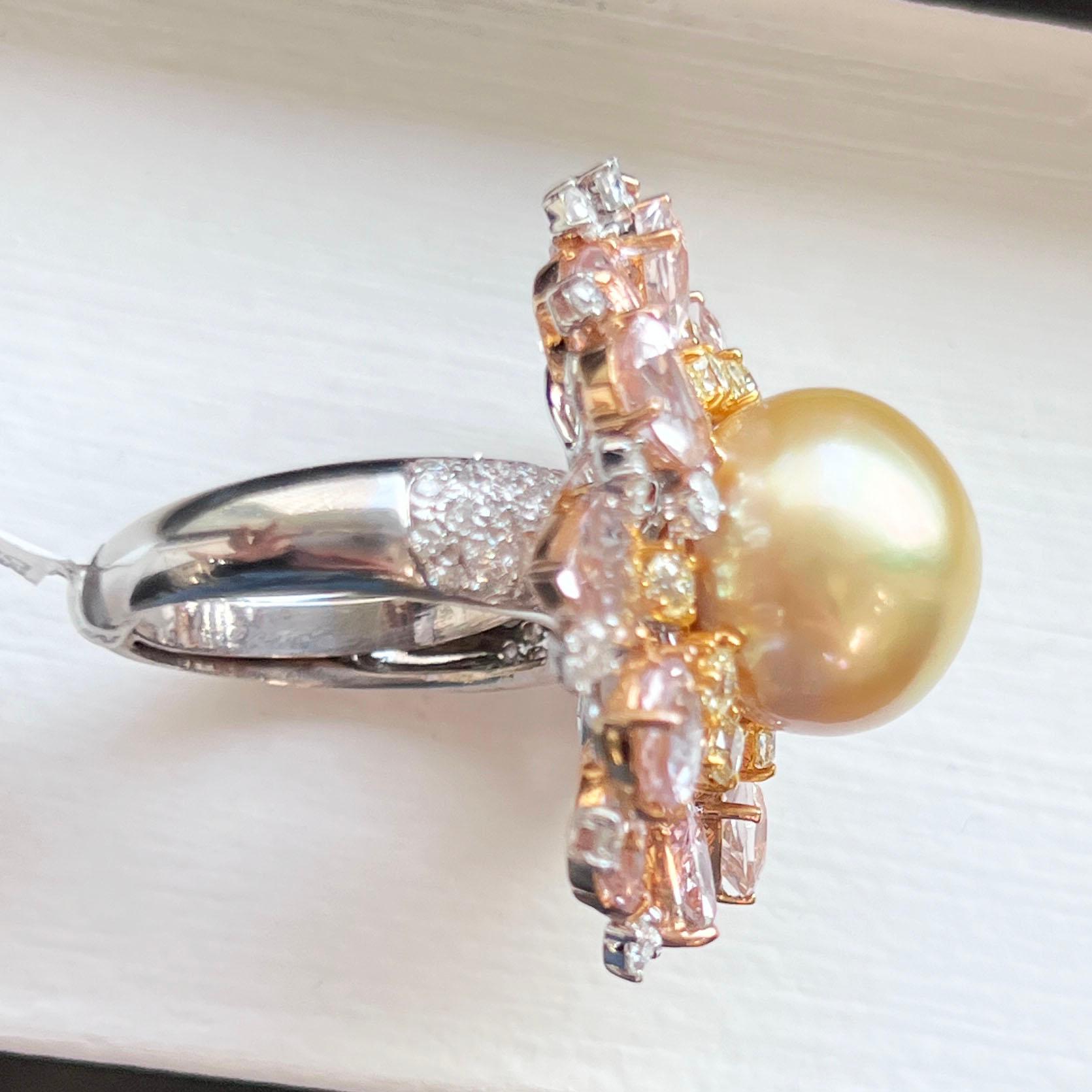 Women's Yellow Diamond White Diamond Morganite Pearl Cocktail Ring For Sale