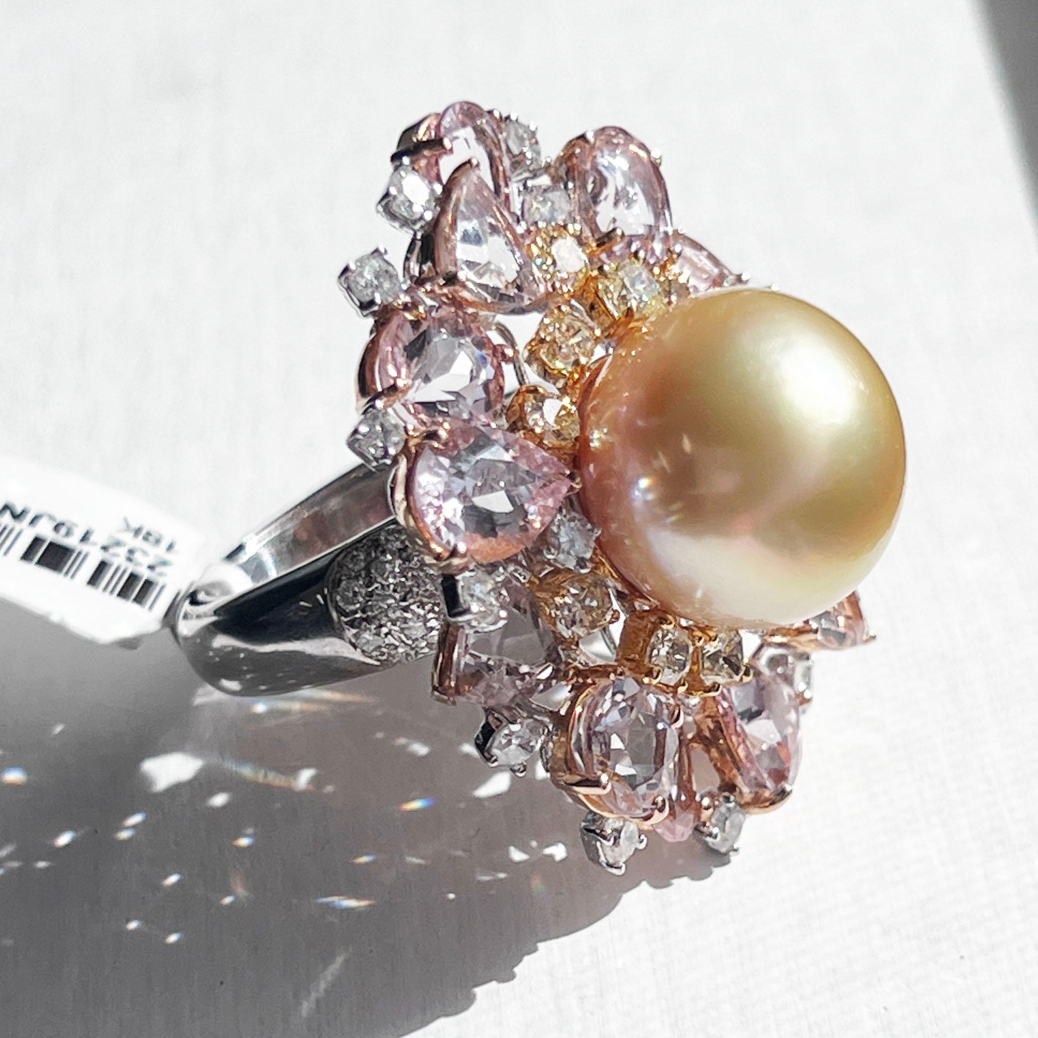 Yellow Diamond White Diamond Morganite Pearl Cocktail Ring For Sale 1