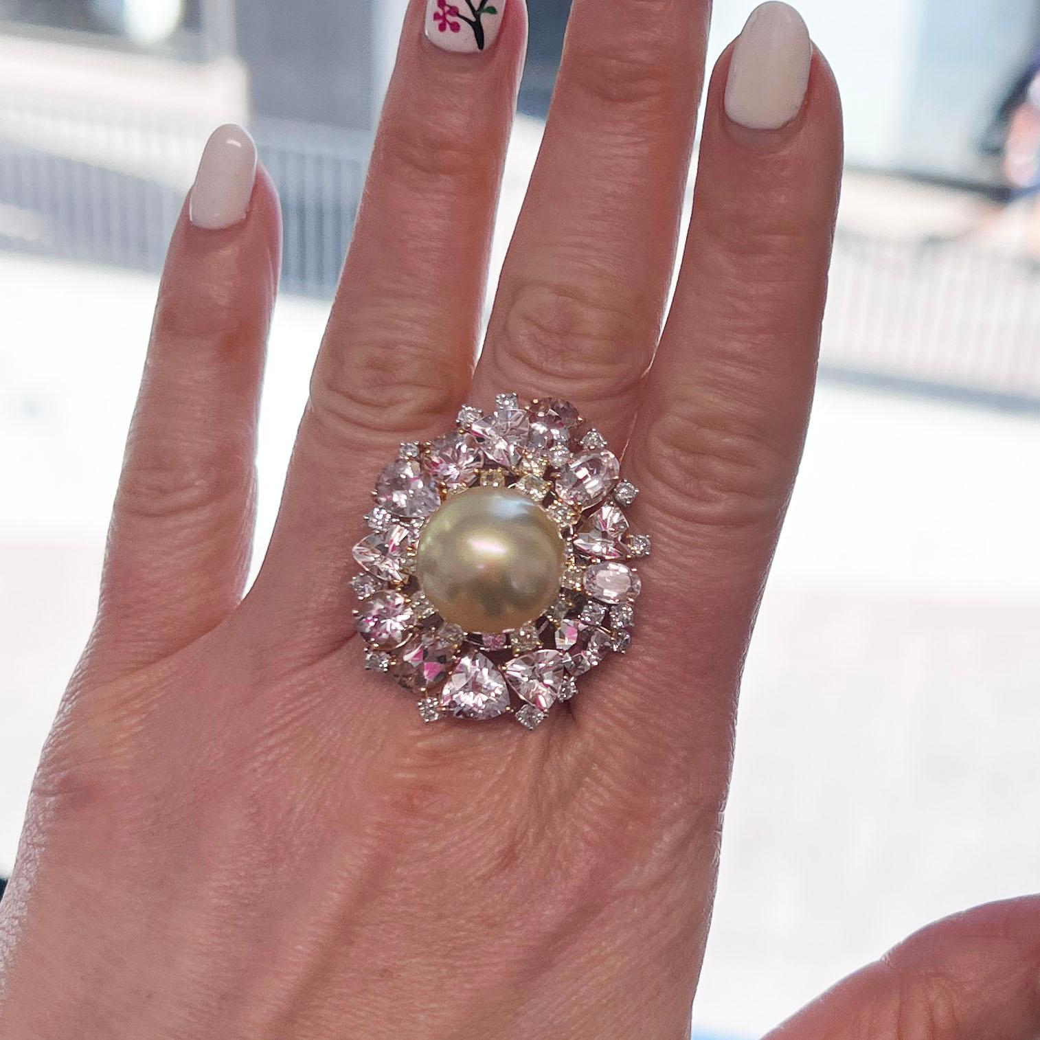 Yellow Diamond White Diamond Morganite Pearl Cocktail Ring For Sale 2