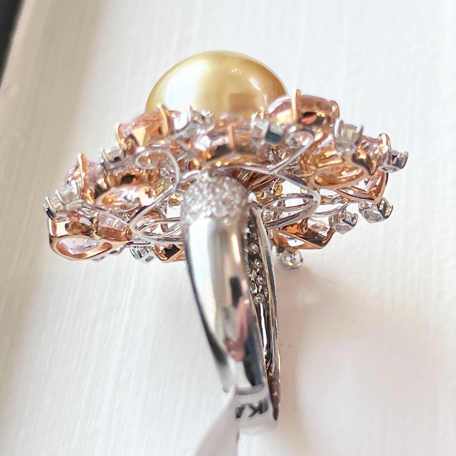 Yellow Diamond White Diamond Morganite Pearl Cocktail Ring For Sale 3