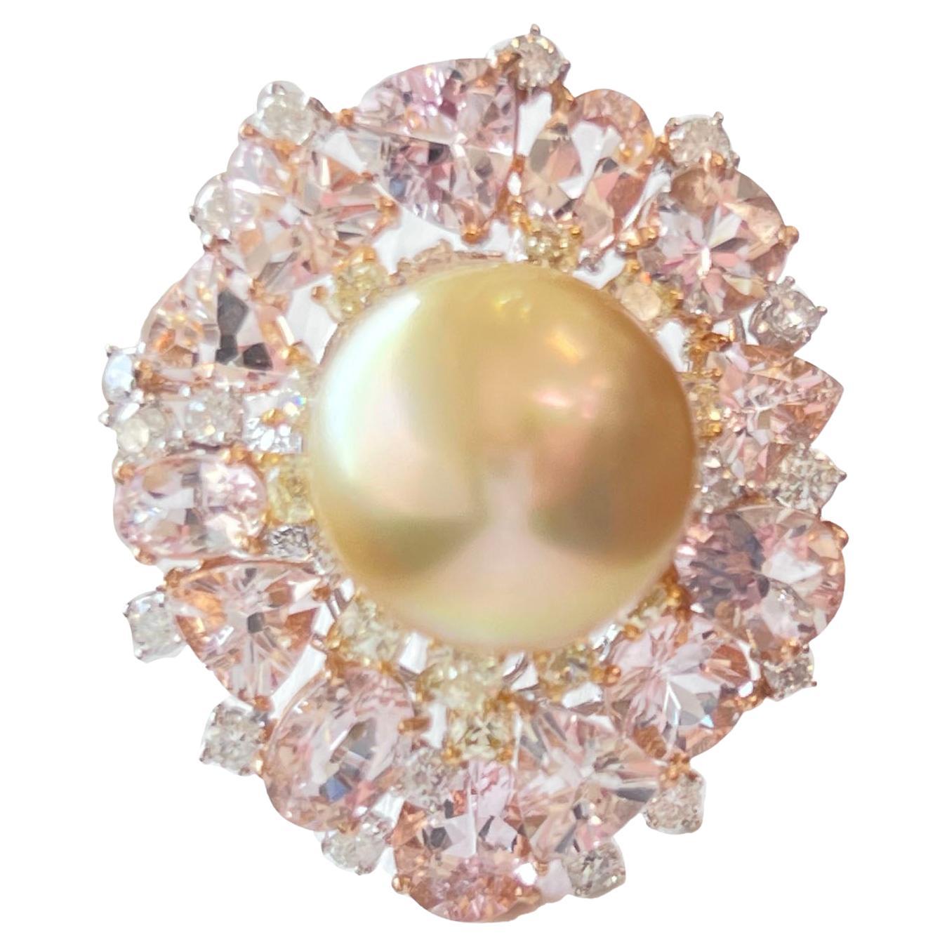 Yellow Diamond White Diamond Morganite Pearl Cocktail Ring