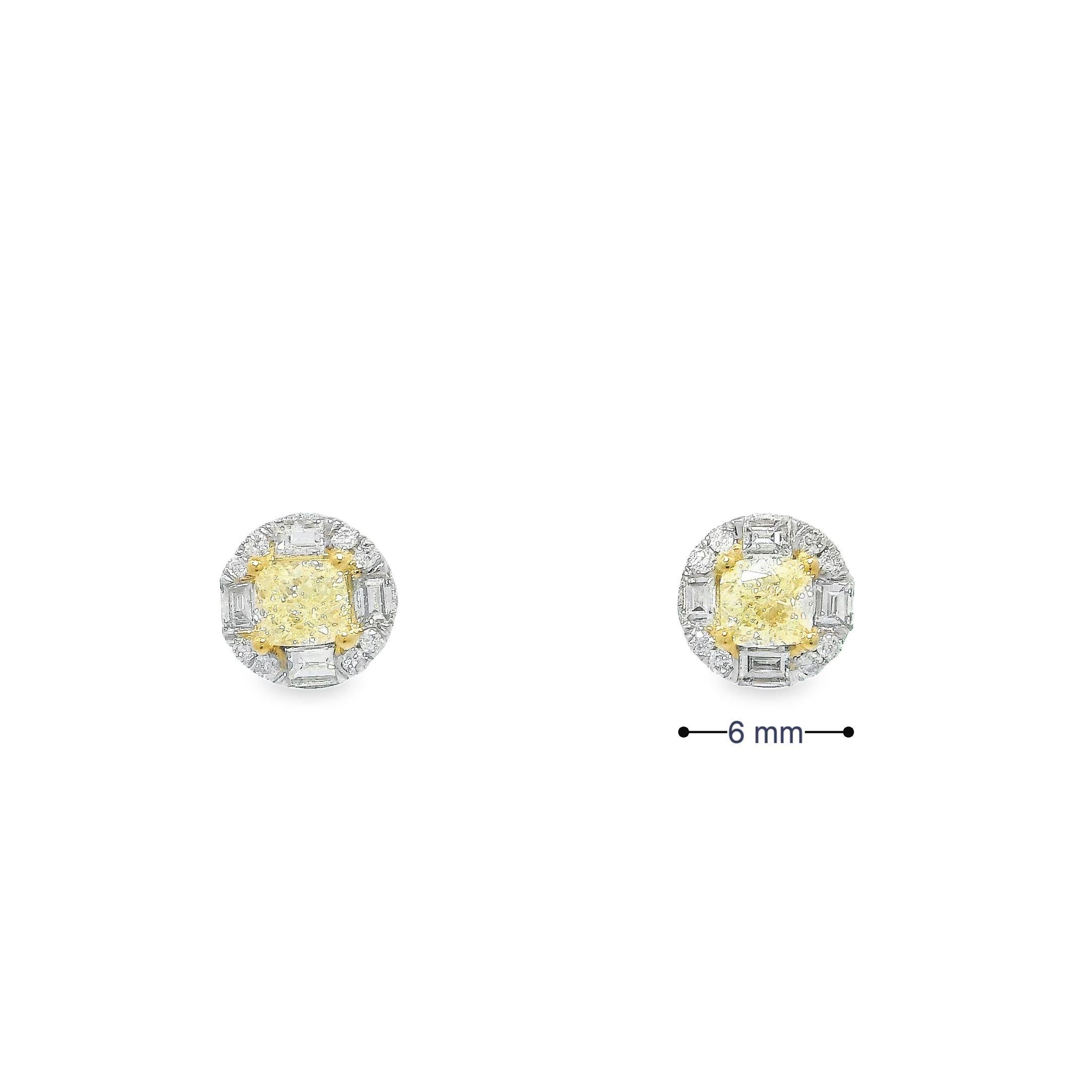 These radiant 18K gold stud earrings are a true masterpiece, blending the allure of fancy-colored diamonds with the timeless brilliance of white diamonds. At the heart of each earring lies a captivating 0.46-carat yellow diamond, showcasing its