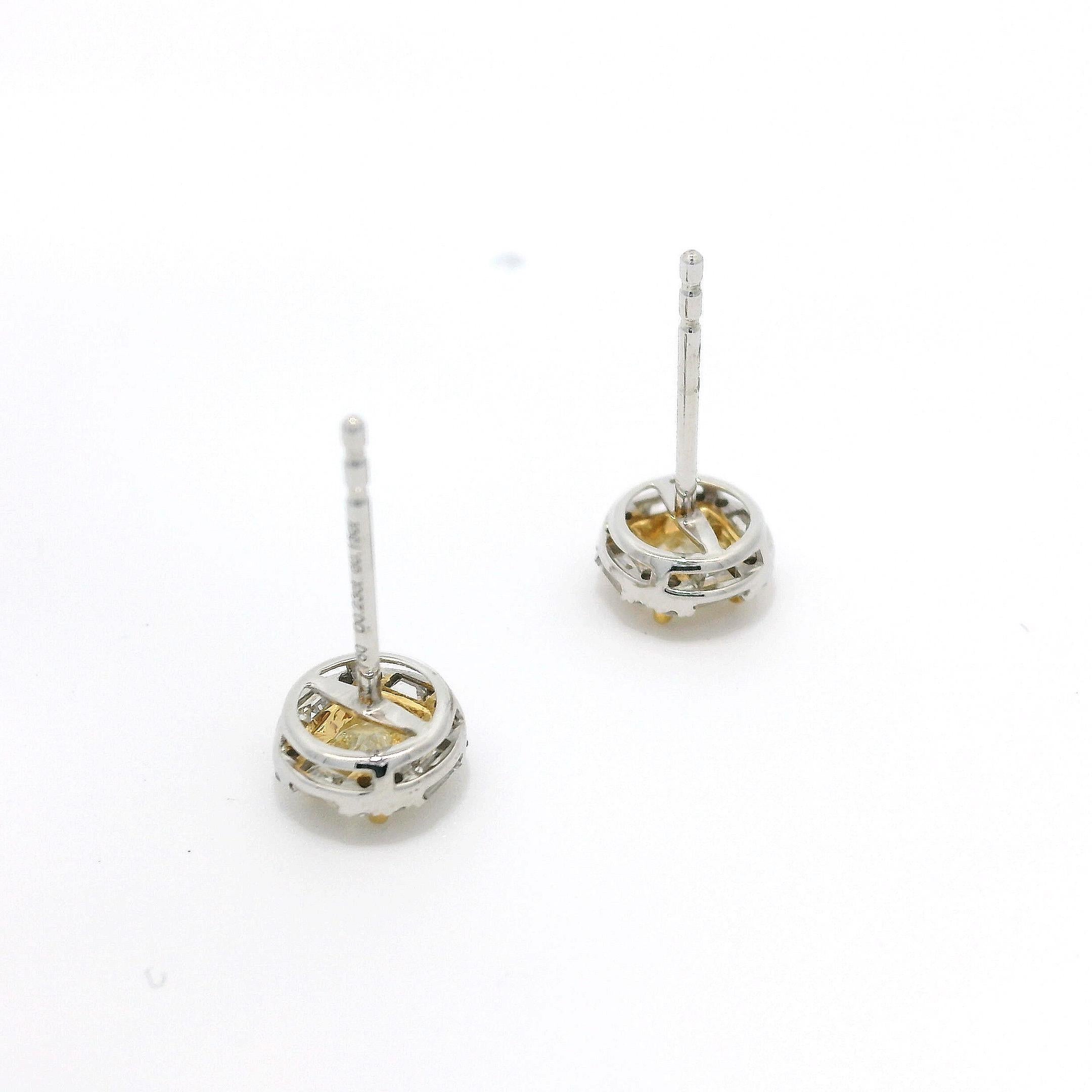 Contemporary Yellow Diamond with White Diamond Halo Studs in 18K White Gold For Sale