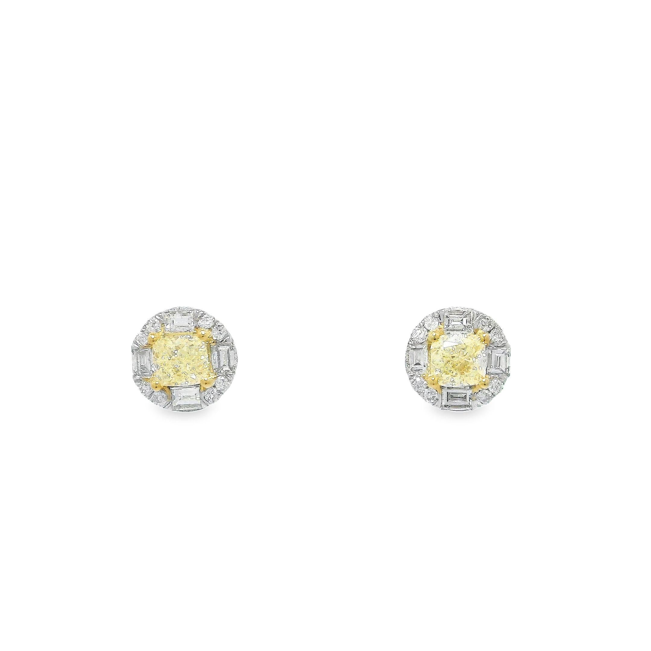 Yellow Diamond with White Diamond Halo Studs in 18K White Gold