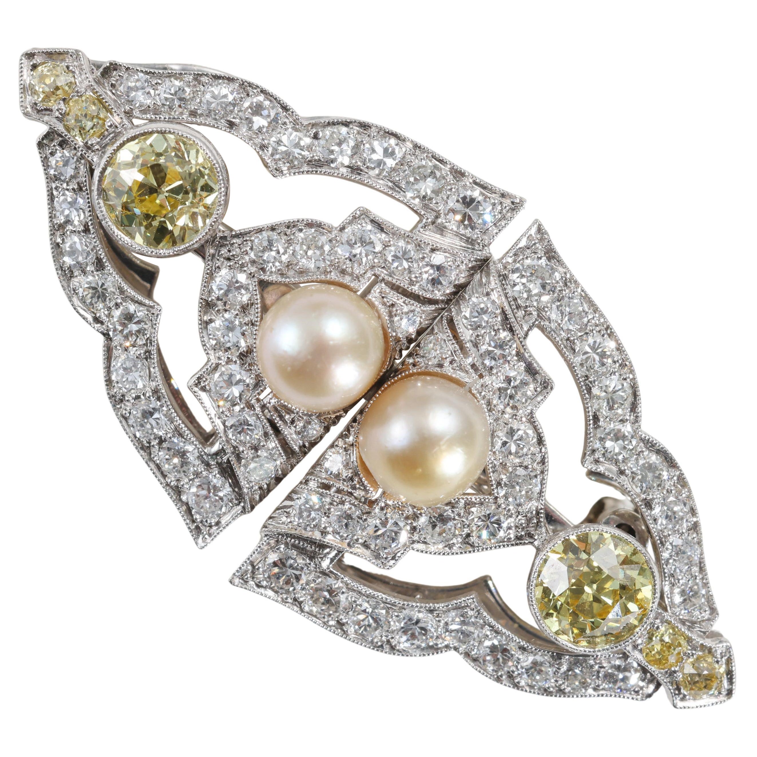 Broche ou collier art déco, diamants jaunes et perles naturelles, platine, GIA en vente