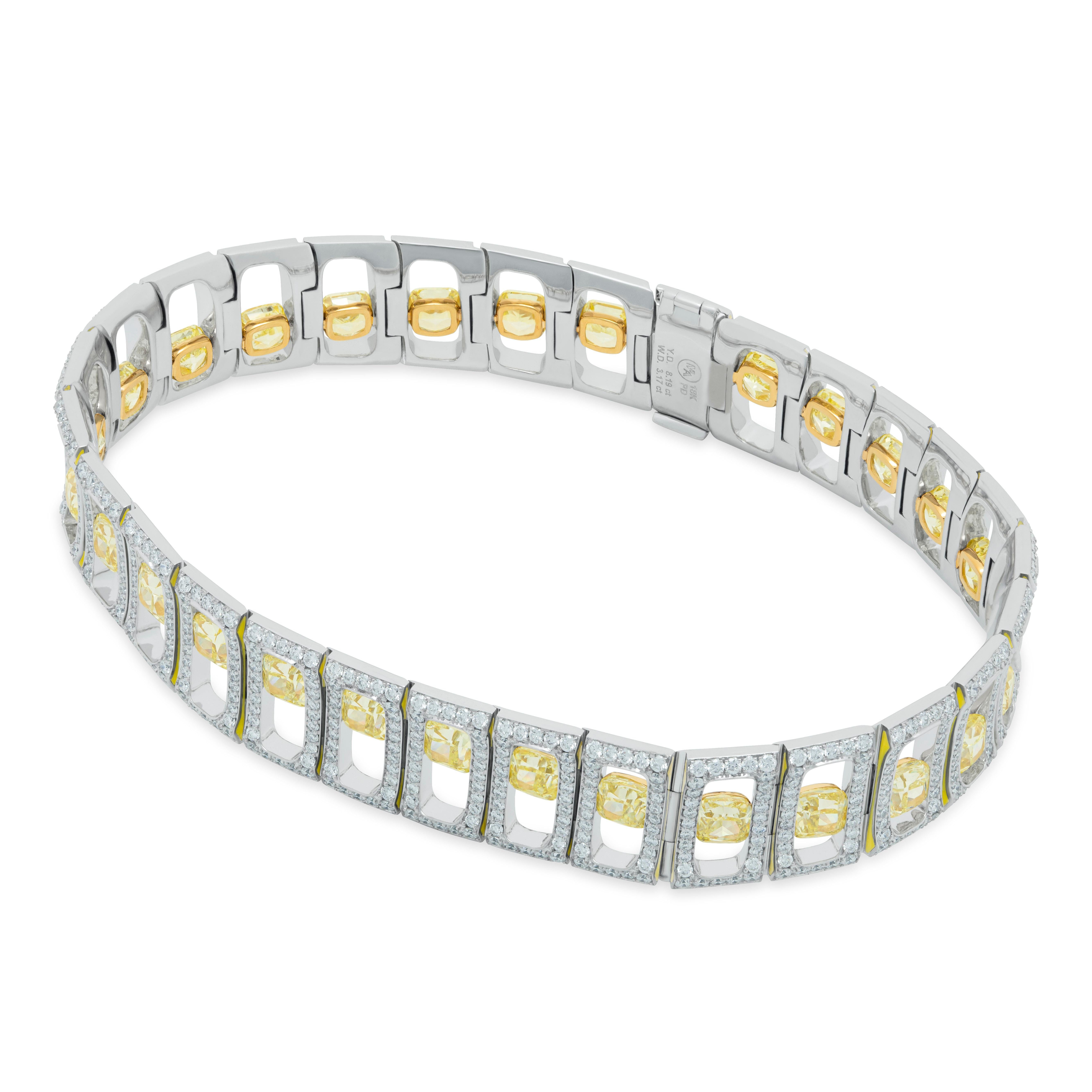 Yellow Diamonds White Diamonds Enamel 18 Karat White Gold High Jewellery Suite

Introducing our latest creation, the Suite of Bracelet and Earrings, inspired by the Art Deco era. This stunning piece features exquisite cushion-shaped yellow diamonds,