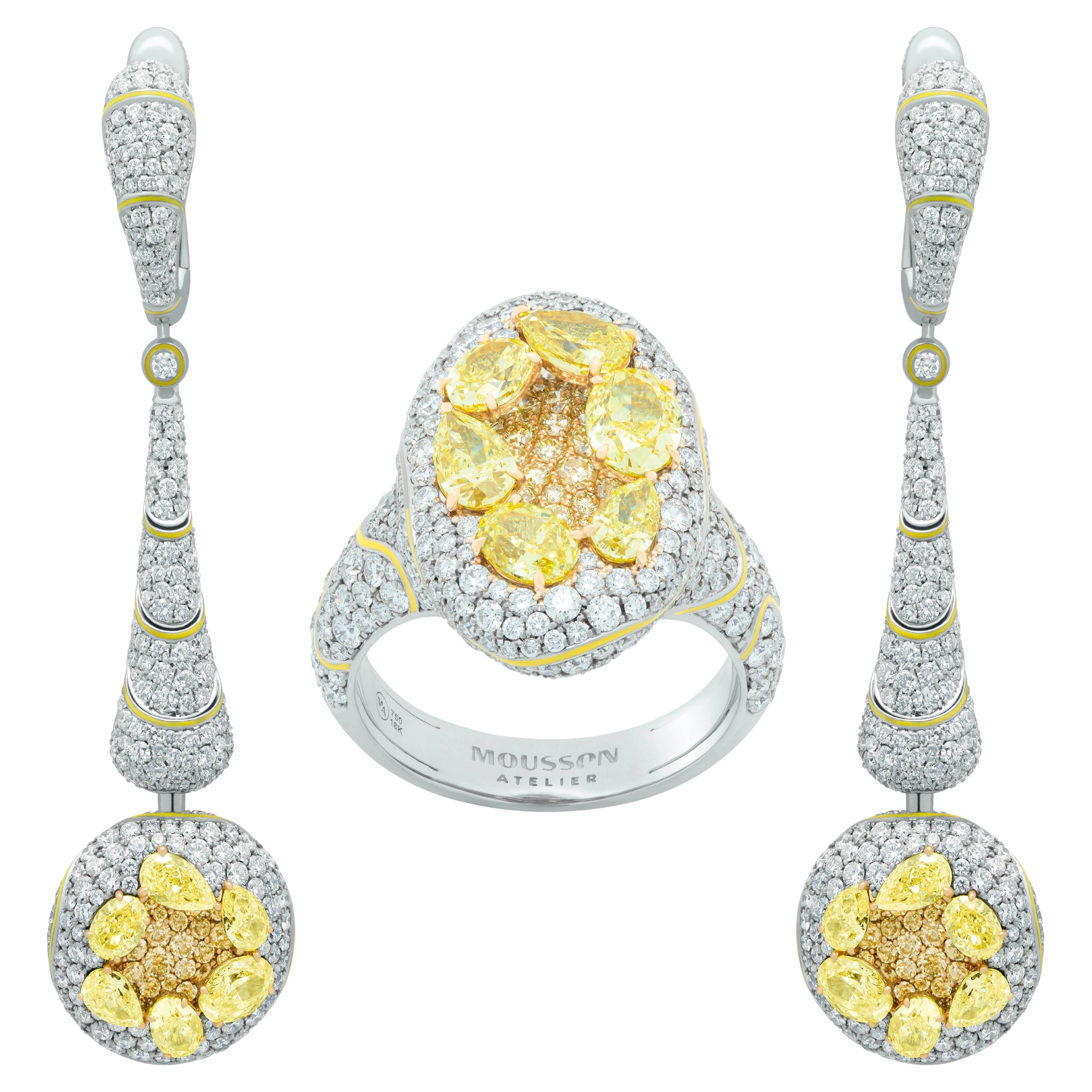 Yellow Diamonds White Diamonds Enamel 18 Karat White Gold High Jewellry Suite For Sale