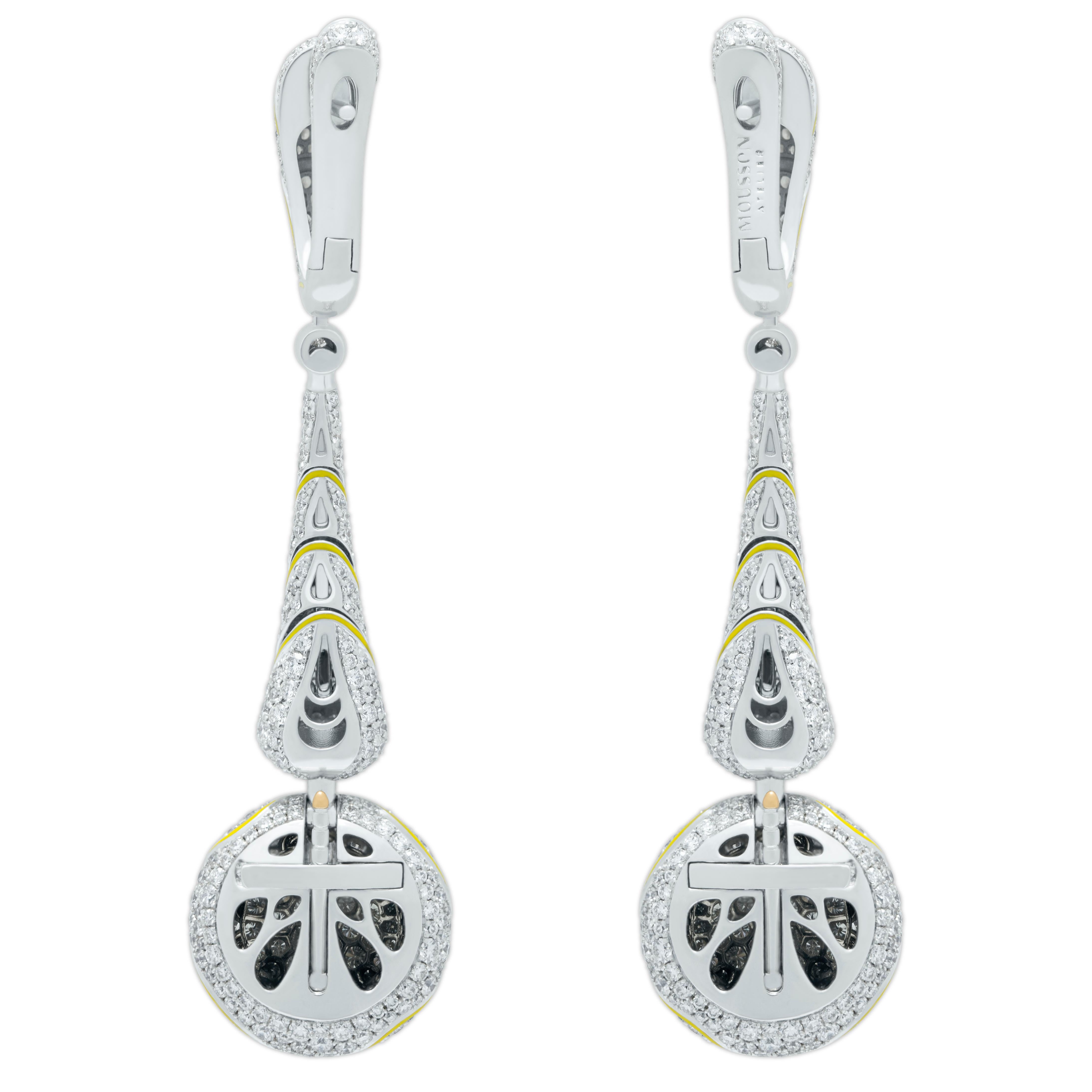 Yellow Diamonds White Diamonds Enamel 18 Karat White and Yellow Gold High Jewelry Earrings

Experience luxurious craftsmanship with these 18K White Gold earrings. Featuring 12 unique Pear and Oval shape Yellow Diamonds weighing 2.48 Carat with
