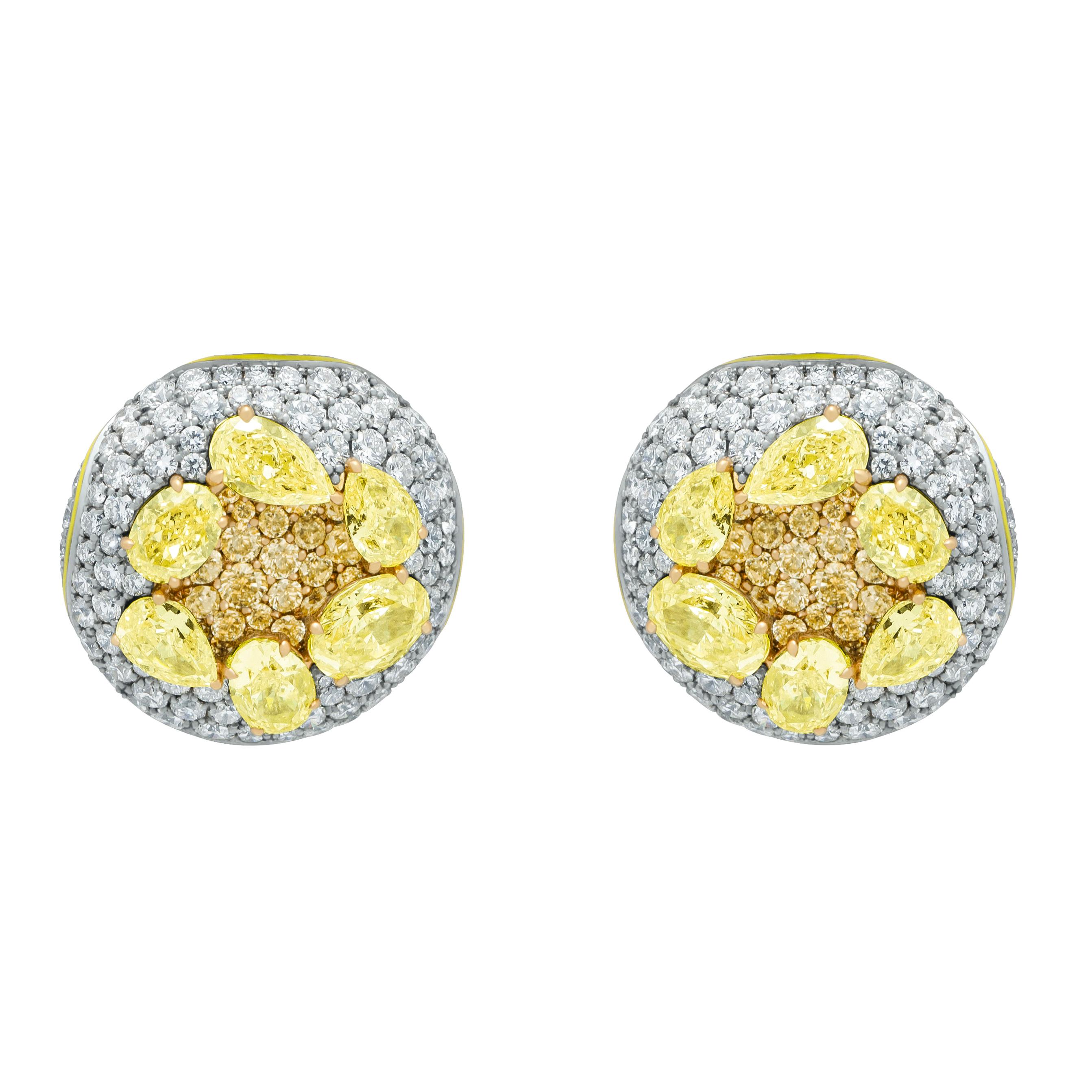 Gelbe Diamanten, weiße Diamanten, Emaille, 18 Karat Weißgold, Ohrringe mit hohem Schmuck (Tropfenschliff) im Angebot