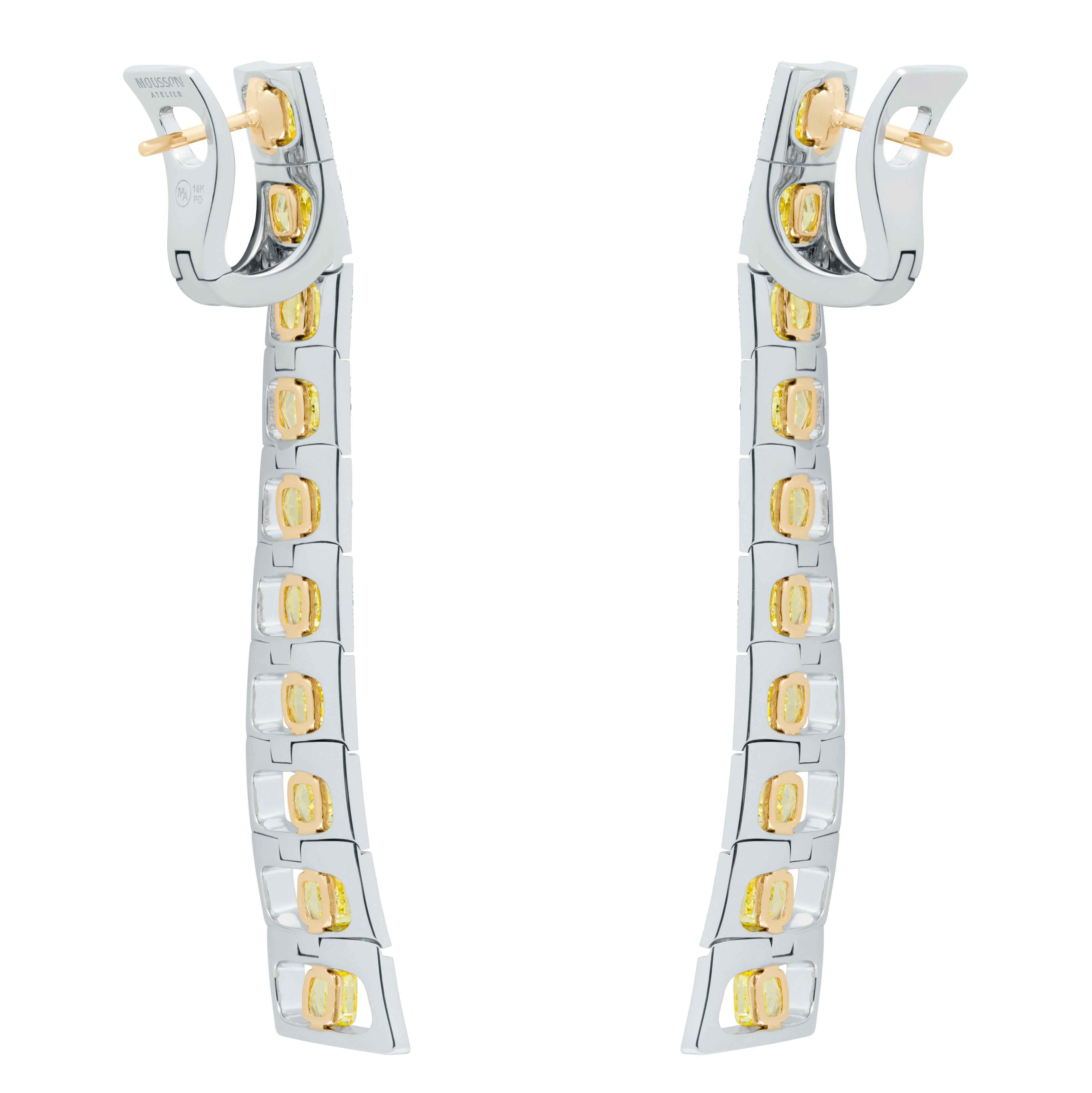 Yellow Diamonds White Diamonds Enamel 18 Karat White Gold High Jewelry Earrings

Introducing our latest creation, earrings, inspired by the Art Deco era. This stunning piece features 20 exquisite cushion-shaped yellow diamonds with a total weight of